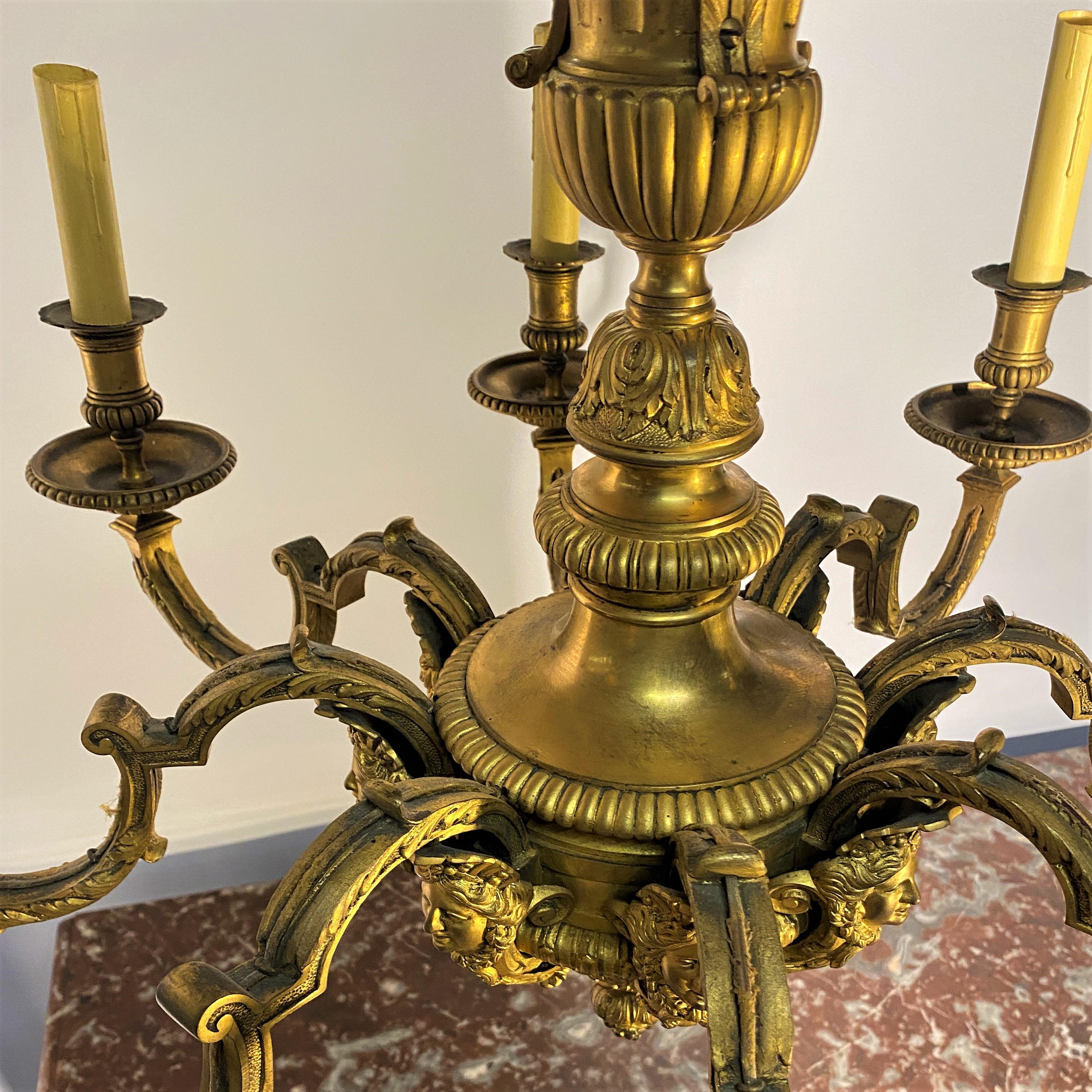 Louis XIV Style Gilt Bronze Chandelier Model Inspired By André Charles Boulle For Sale 2