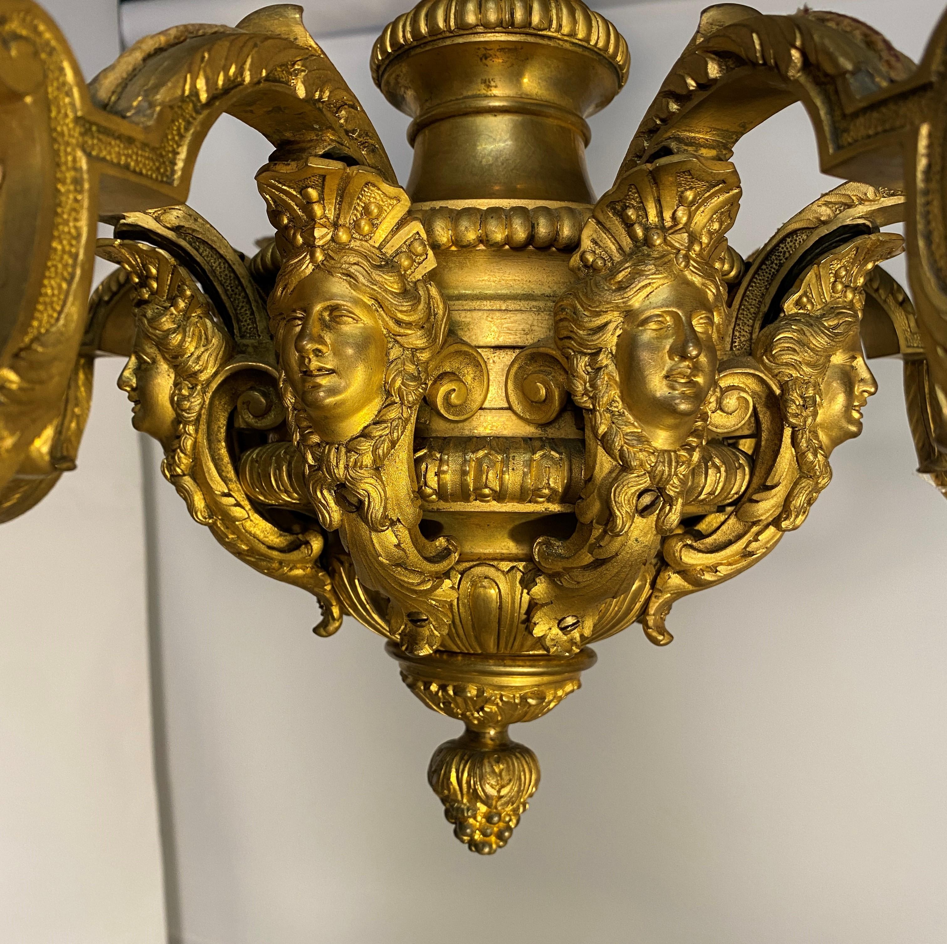 Louis XIV Style Gilt Bronze Chandelier Model Inspired By André Charles Boulle For Sale 3