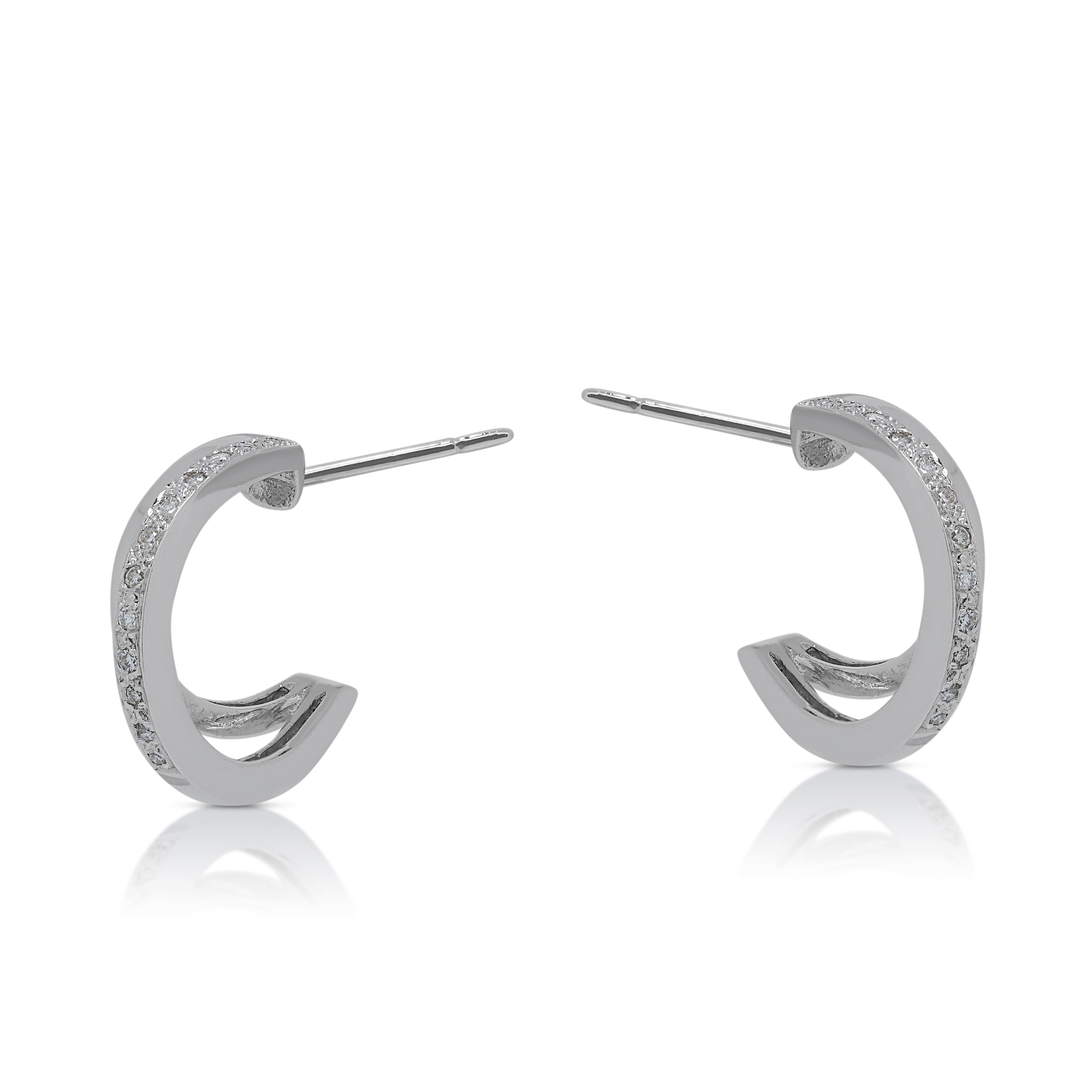 Round Cut Lustrous 0.12ct Diamonds Hoop Earrings in 18K White Gold For Sale