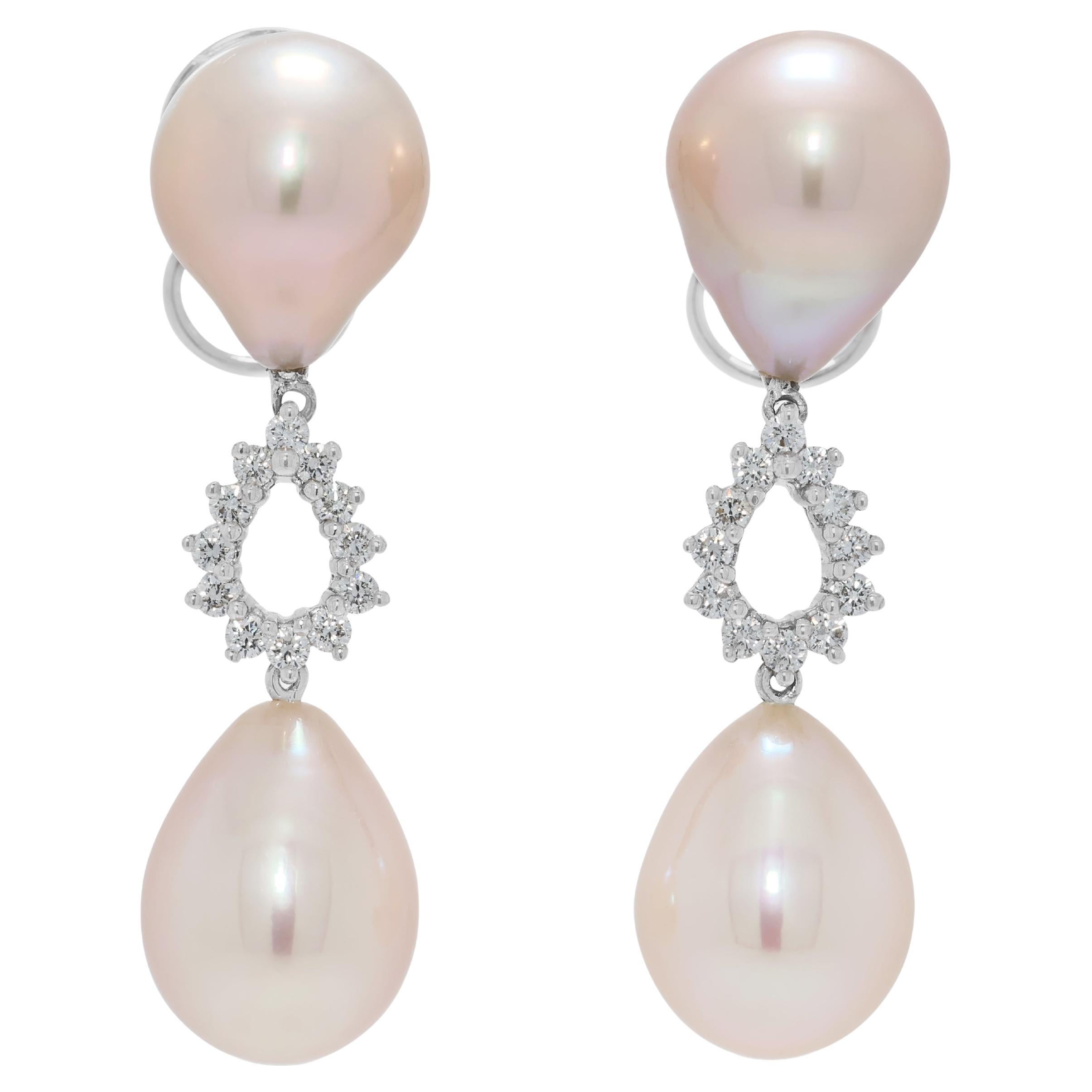 Lustrous 0.24ct Diamond 
South Sea Pearl Drop Earrings in 18K White Gold