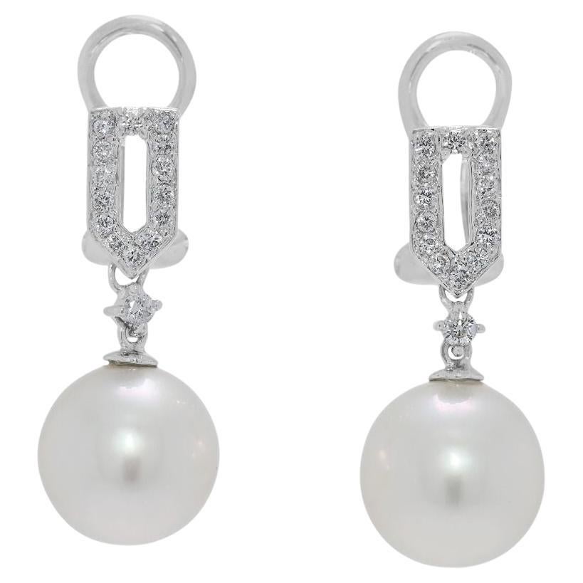 Lustrous 0.32ct Natural Diamond & Akoya Pearl Drop Earrings in 18K White Gold