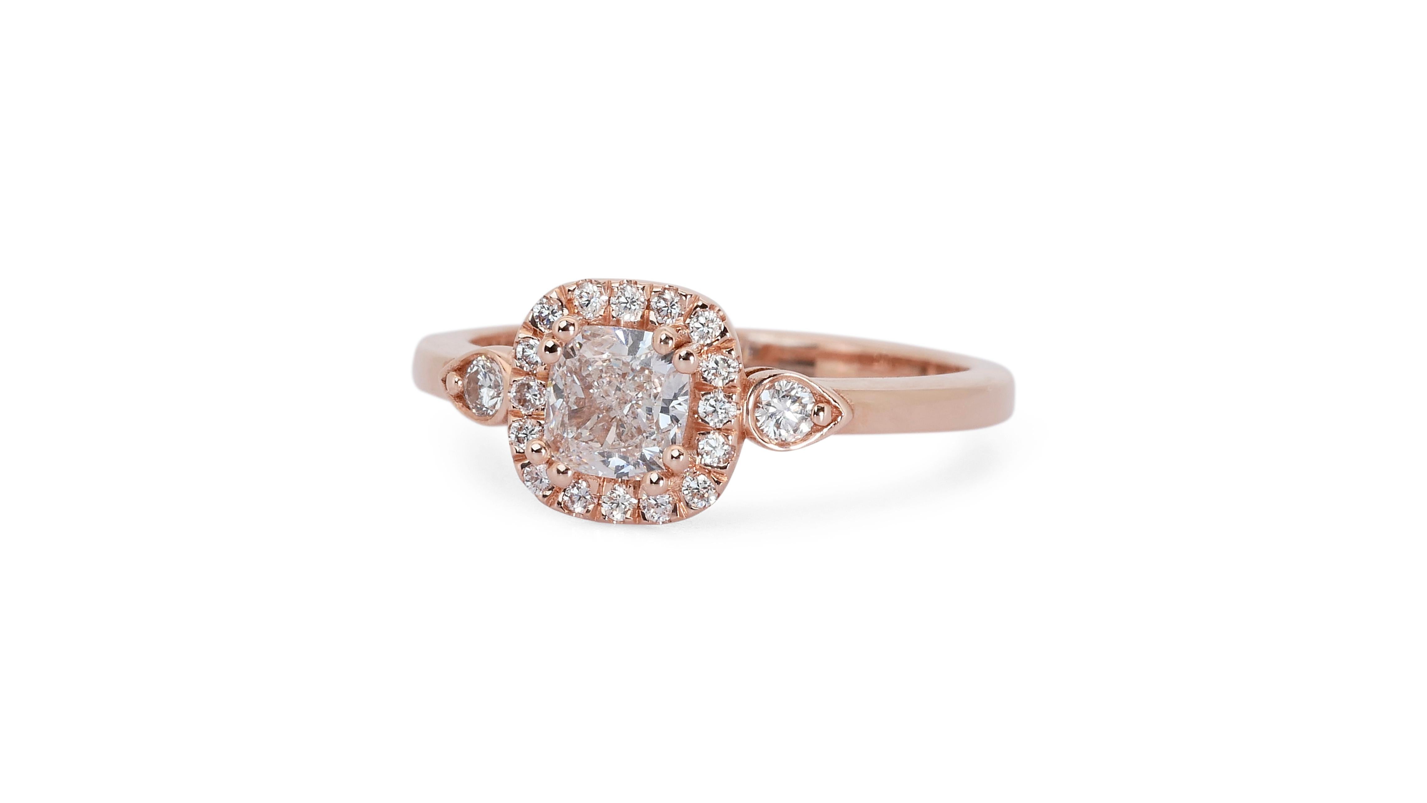 Taille coussin Lustrous 1.04ct Double Excellent Ideal Cut Diamonds Halo Ring in 18k Rose Gold (Bague de halo en or rose 18k) en vente