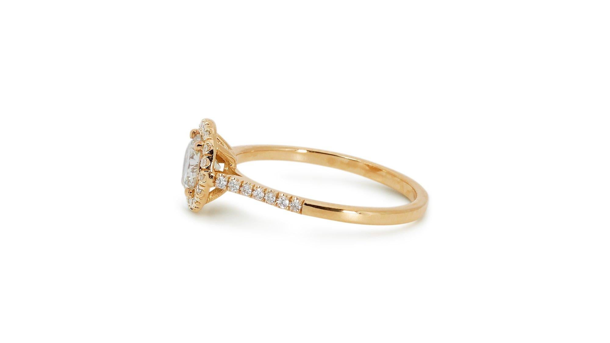 Round Cut Lustrous 1.11ct Triple Excellent Ideal Cut Diamonds Halo Ring in 18k Yellow Gold For Sale