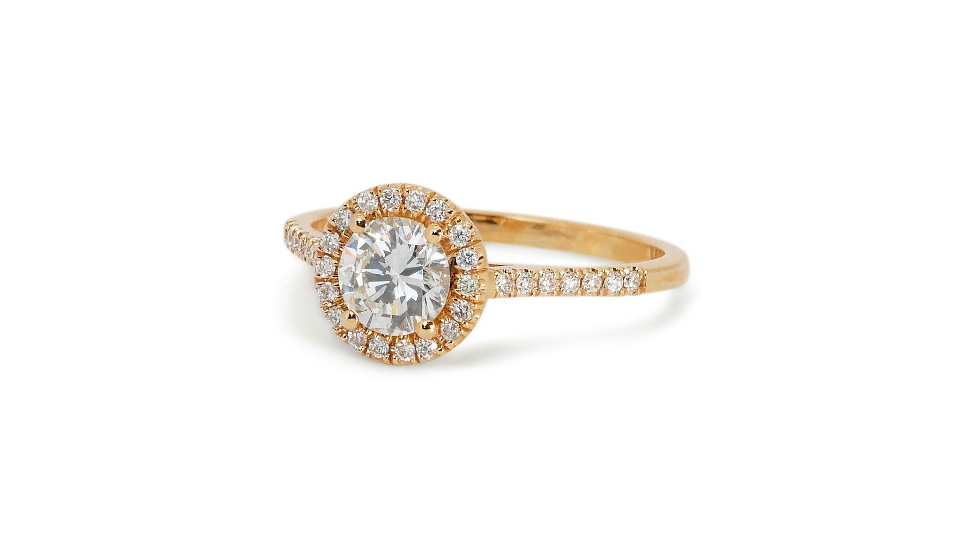 Lustrous 1.11ct Triple Excellent Ideal Cut Diamonds Halo Ring in 18k Yellow Gold For Sale 1