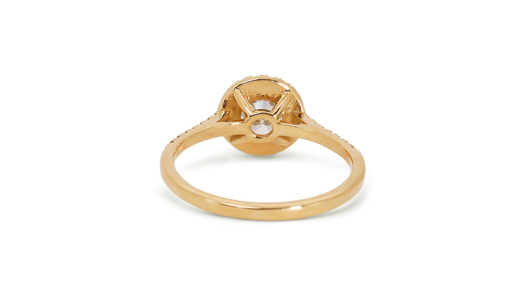Lustrous 1.11ct Triple Excellent Ideal Cut Diamonds Halo Ring in 18k Yellow Gold For Sale 2