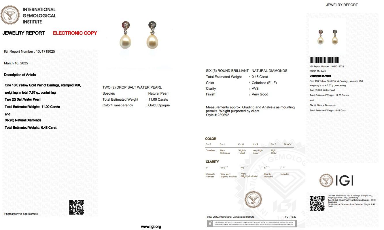 Orecchini pendenti con perle d'acqua salata e diamanti da 11,48 carati in oro giallo 18 ct. in vendita 1