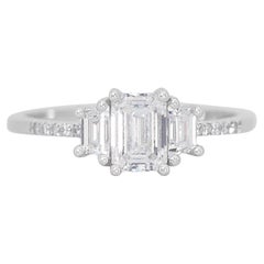 Bague 3 pierres en or blanc 18 carats avec diamant taille émeraude de 1,22 ct - GIA 