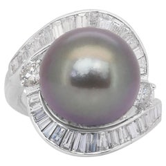 Lustrous 12.68ct Salt Water Cultured Pearl and Diamonds Cluster Ring