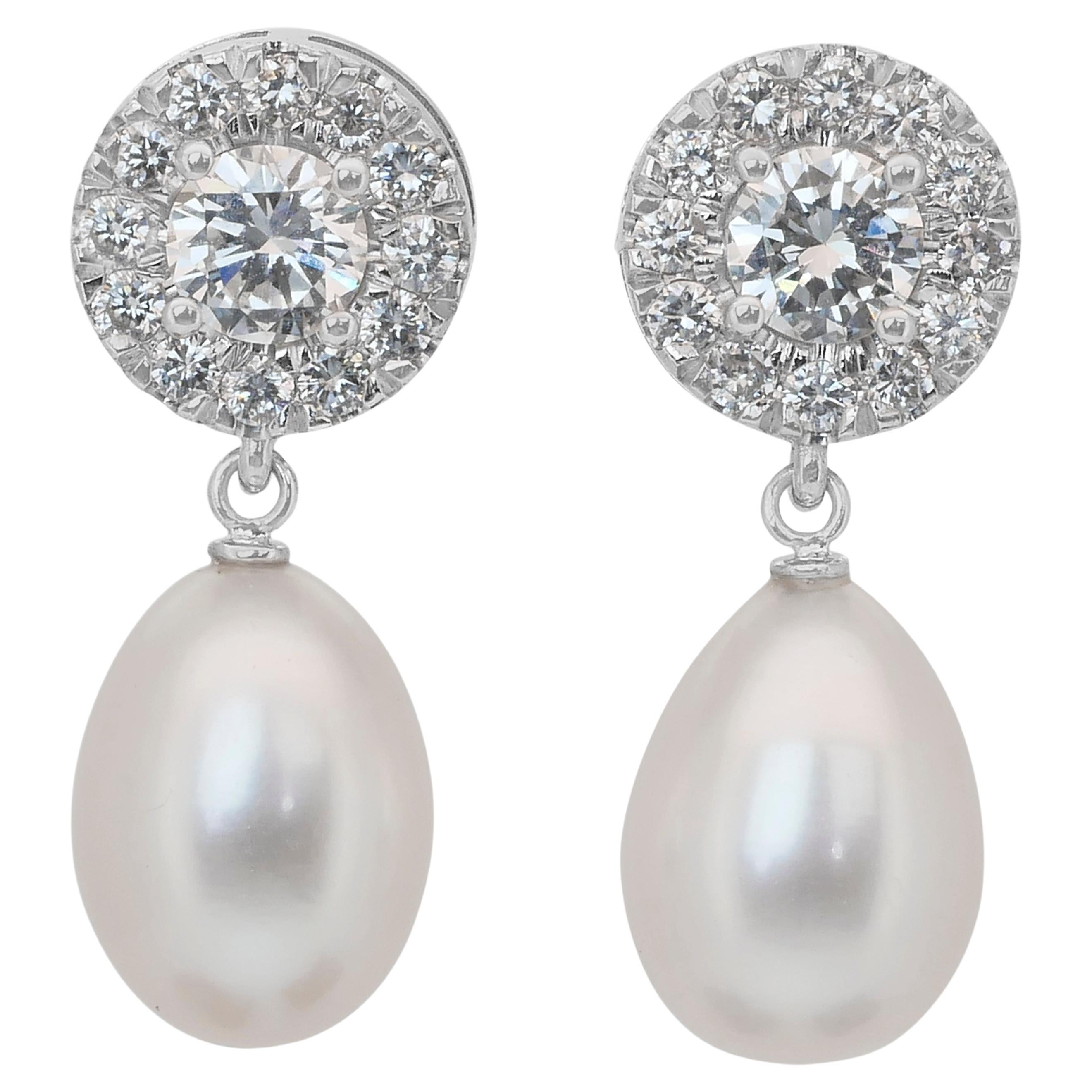 Lustrous 13.09ct Fresh Water Cultured Pearls and Diamonds Drop Earrings