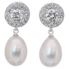 Lustrous 13.09ct Fresh Water Cultured Pearls and Diamonds Drop Earrings