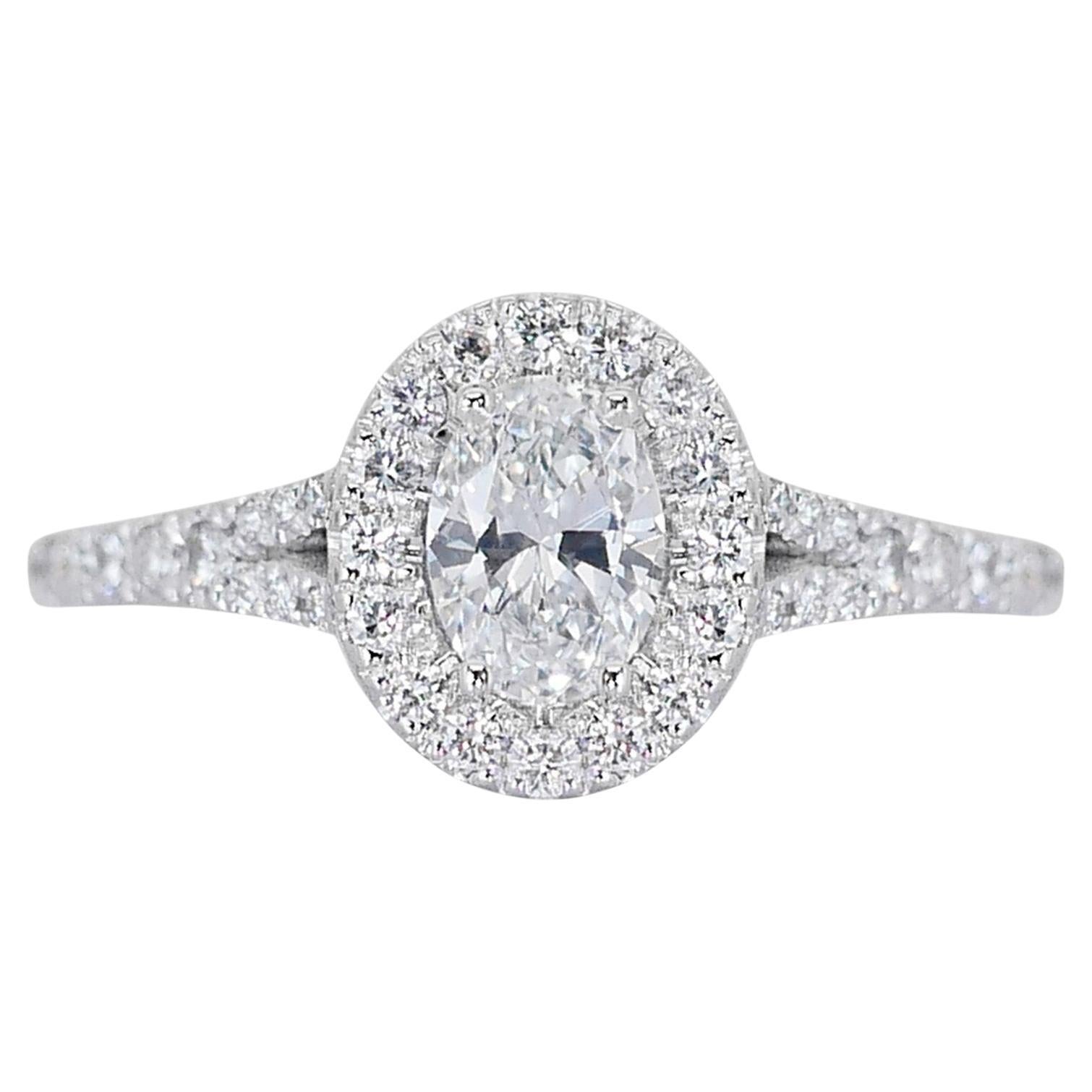 Lustrous 1.41ct Double Excellent Ideal Cut Diamonds Halo Ring in 18k White Gold 