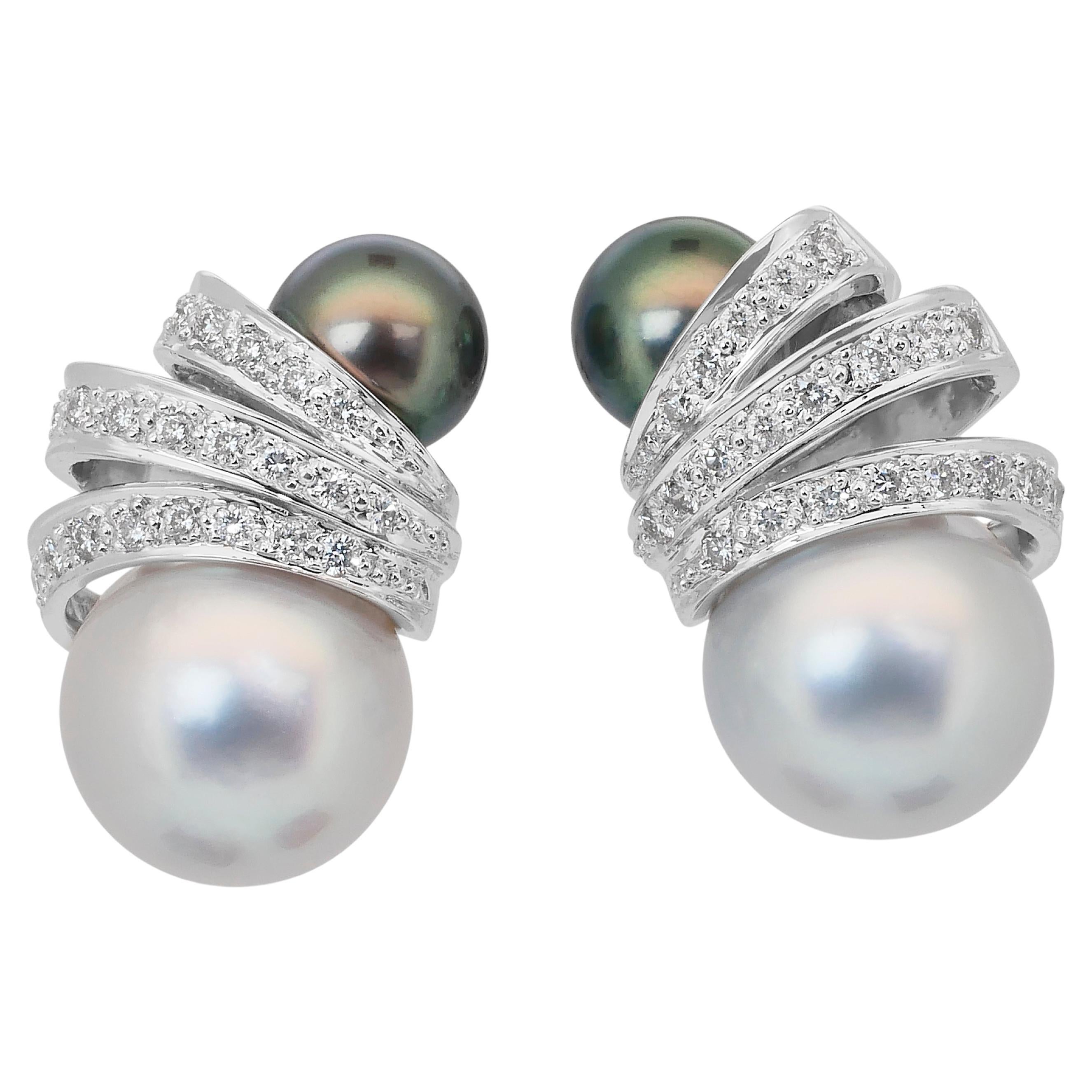 Lustrous 17.02ct Salt Water Cultured Pearls and Diamonds Earrings