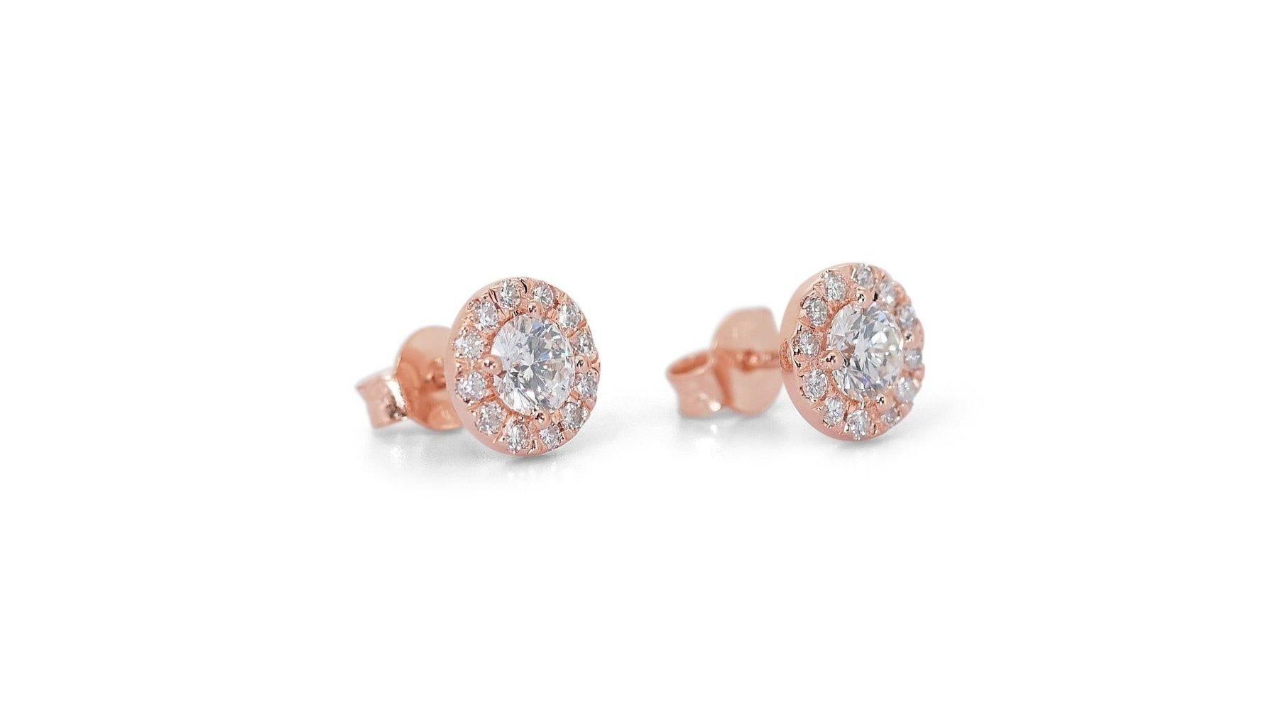 Round Cut Lustrous 18k Rose Gold Natural Diamond Halo Stud Earrings w/1.78 ct - GIA 