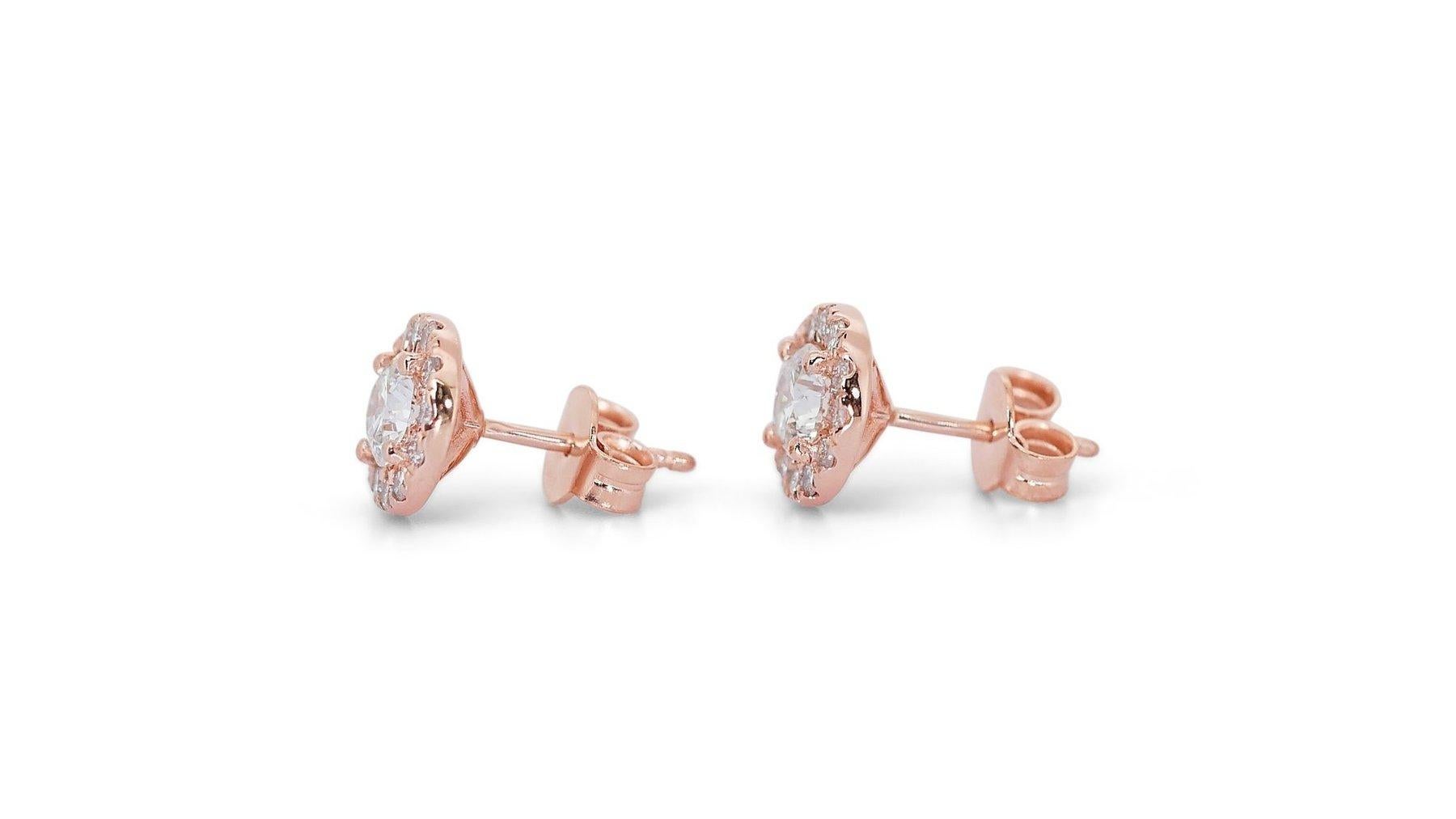 Lustrous 18k Rose Gold Natural Diamond Halo Stud Earrings w/1.78 ct - GIA  2