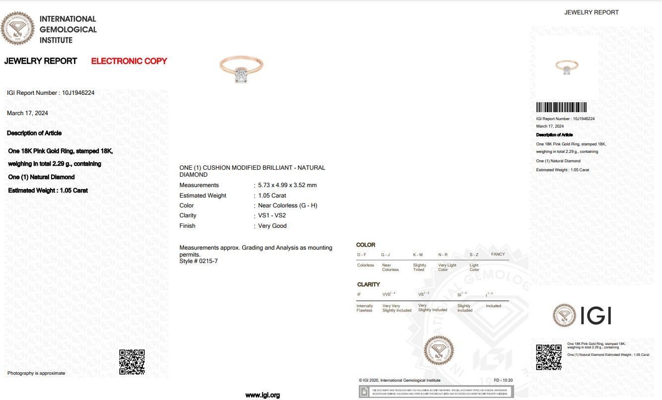 Bague solitaire en or rose 18 carats avec diamant naturel 1,05 carat certifié IGI Pour femmes en vente
