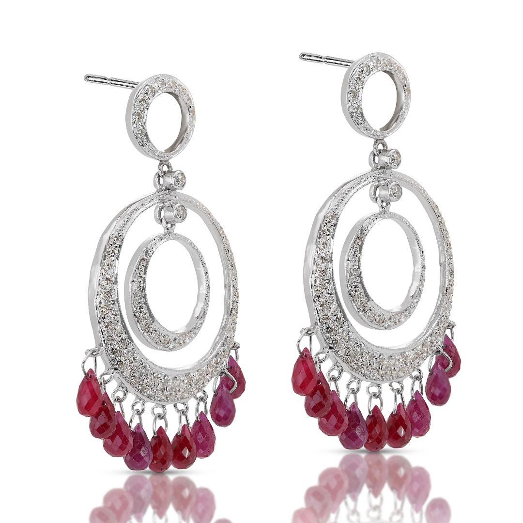 Pear Cut Lustrous 18K White Gold Dangling Earrings with Diamonds and Rubies For Sale