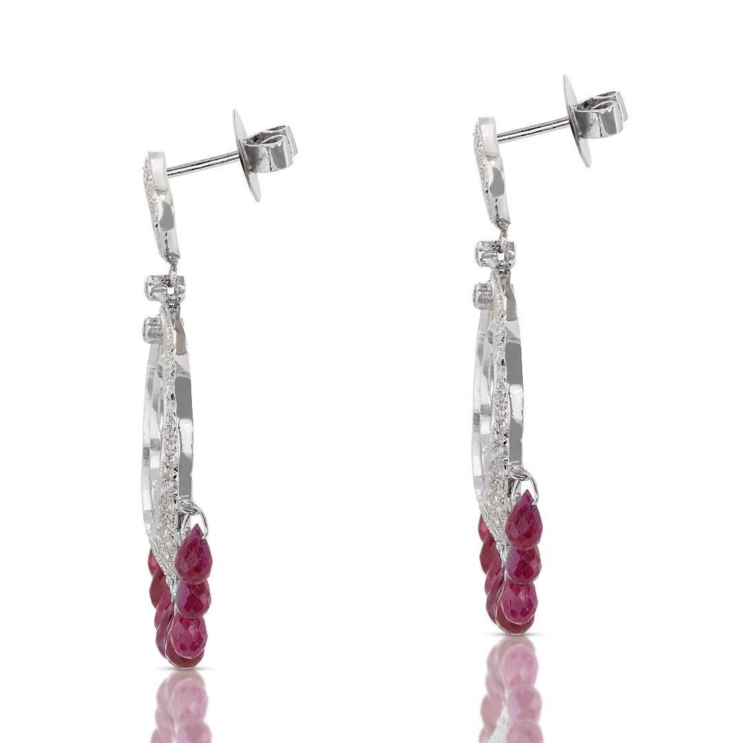 Women's Lustrous 18K White Gold Dangling Earrings with Diamonds and Rubies For Sale