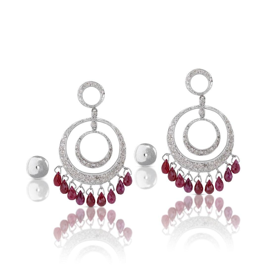 Lustrous 18K White Gold Dangling Earrings with Diamonds and Rubies For Sale 1