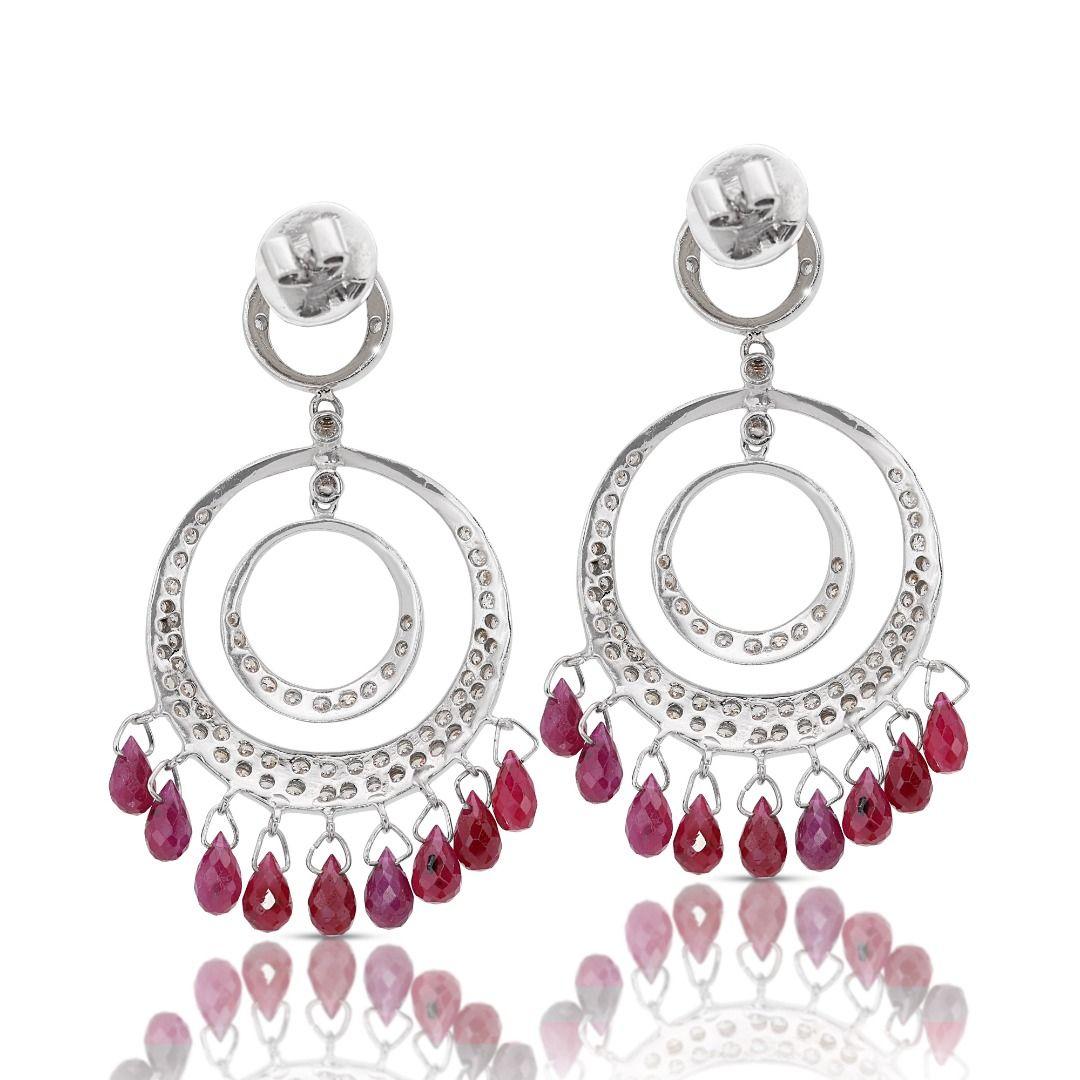 Lustrous 18K White Gold Dangling Earrings with Diamonds and Rubies For Sale 2
