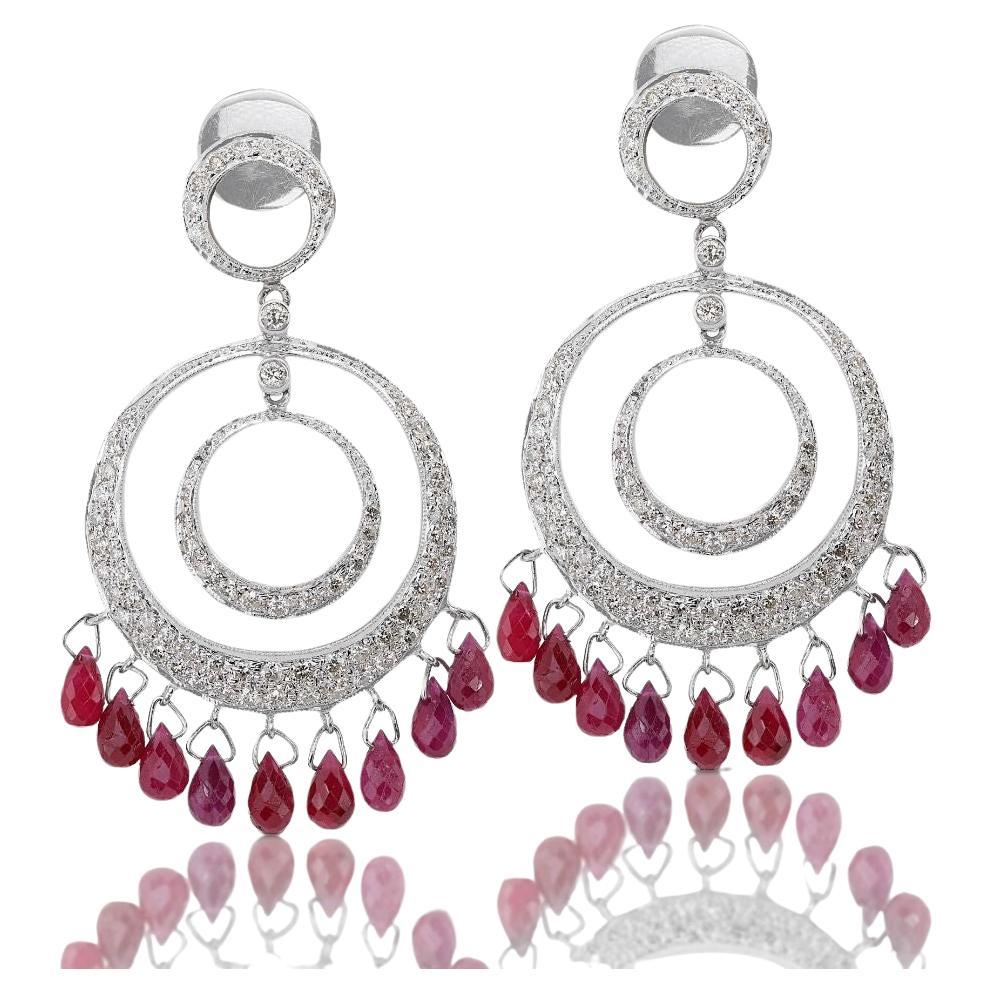 Lustrous 18K White Gold Dangling Earrings with Diamonds and Rubies