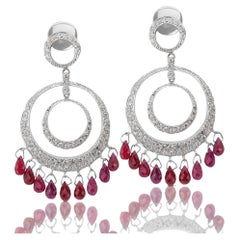 Lustrous 18K White Gold Dangling Earrings with Diamonds and Rubies