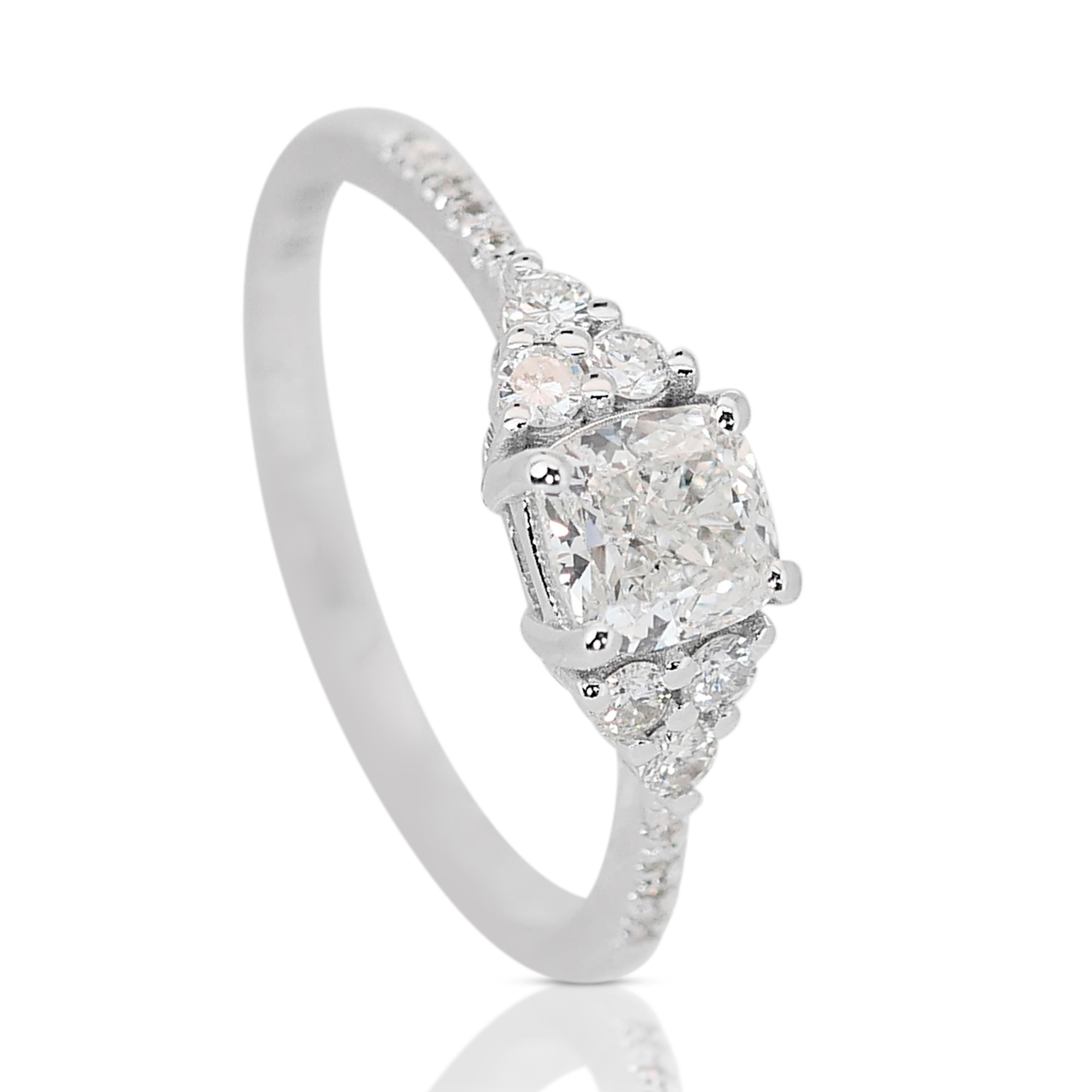 Cushion Cut Lustrous 18k White Gold Natural Diamond Pave Ring w/1.00 ct - IGI Certified For Sale