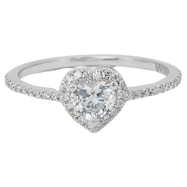 Lustrous 18K White Gold Pave Natural Heart Diamond Ring w/ 1.15ct- GIA Certified For Sale