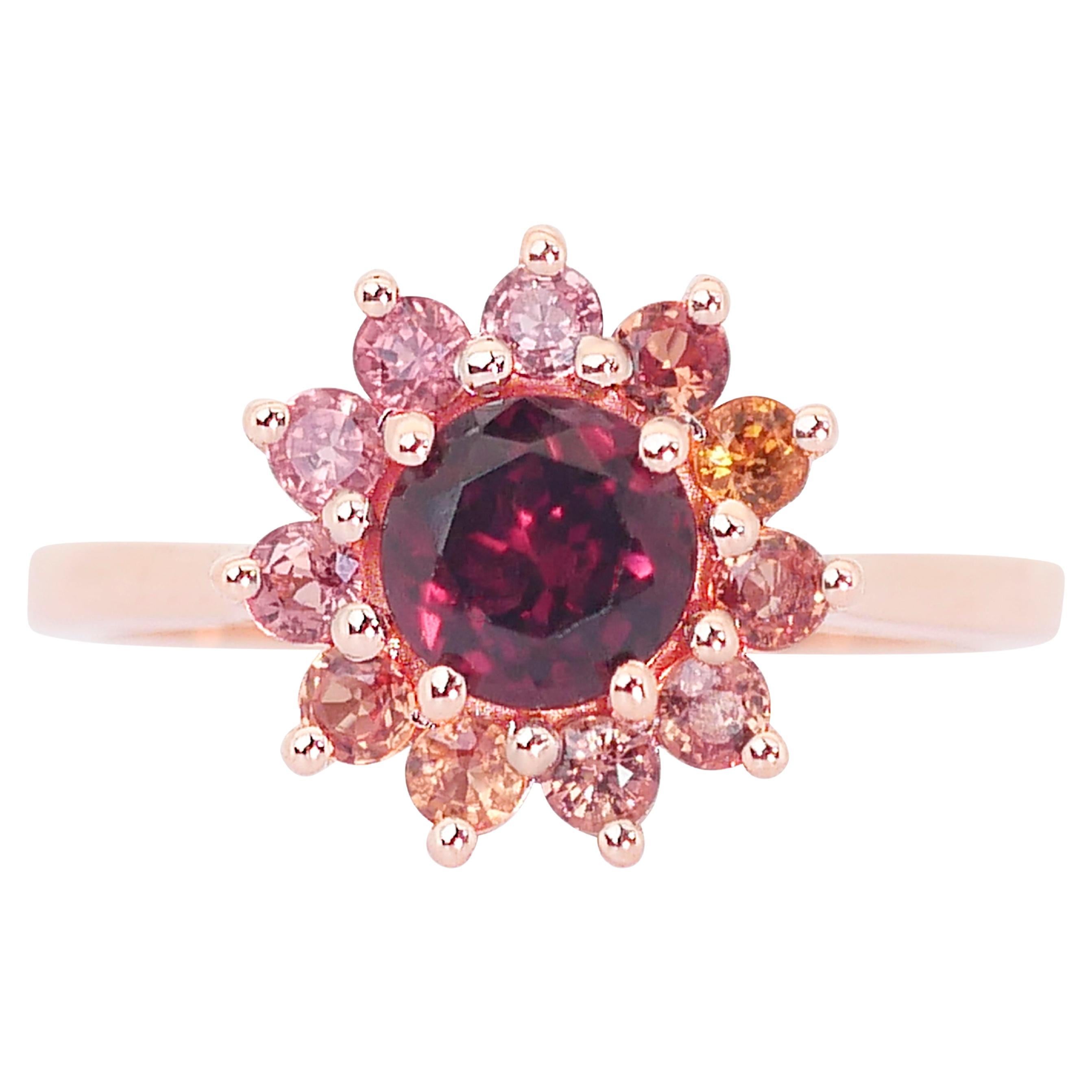 Lustrous 18KW Rose Gold Cluster Garnet Ring with 1.20 ct -  IGI Certified For Sale