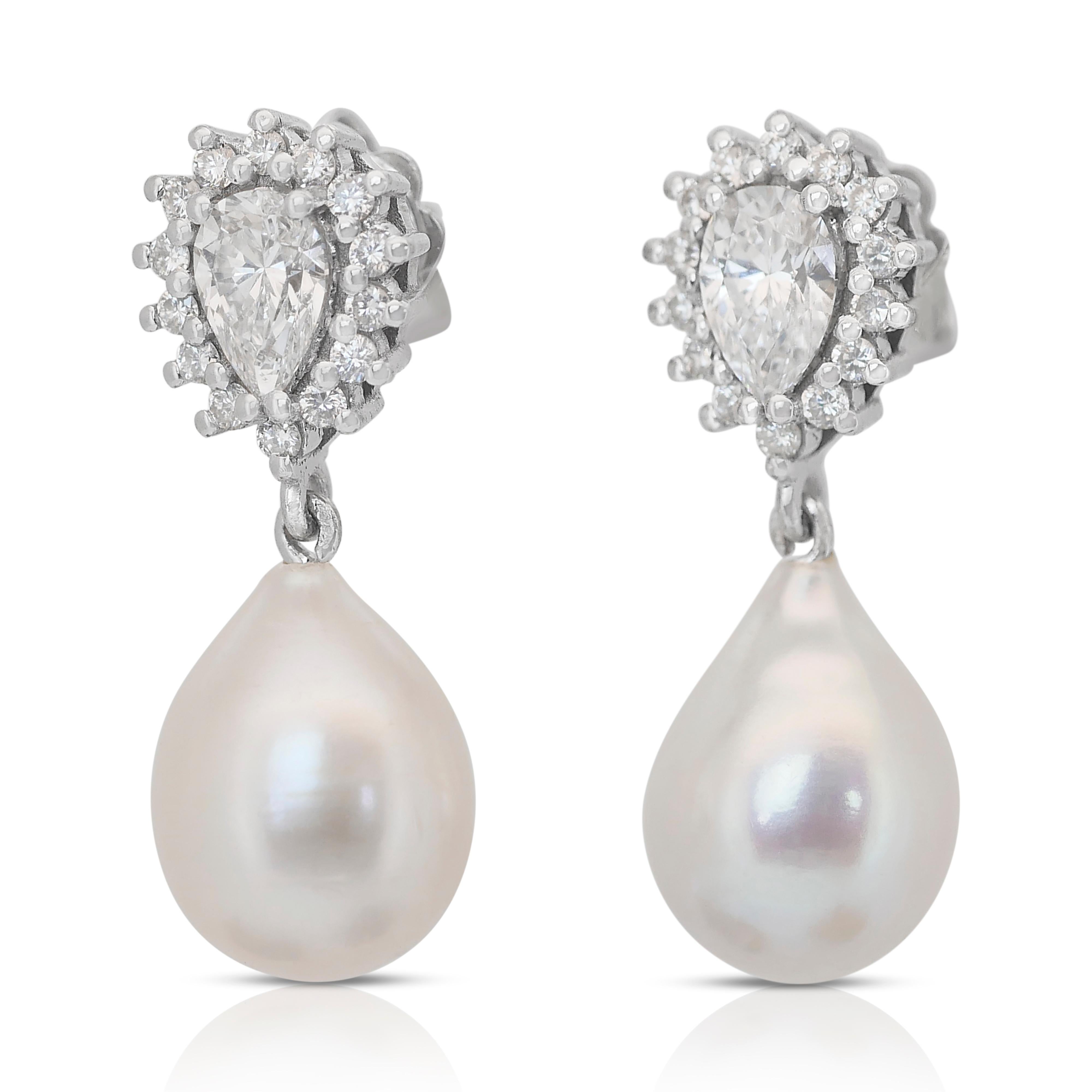 Pear Cut Lustrous 22.07ct Diamonds and Salt, and Cultured Pearls Drop Earrings For Sale