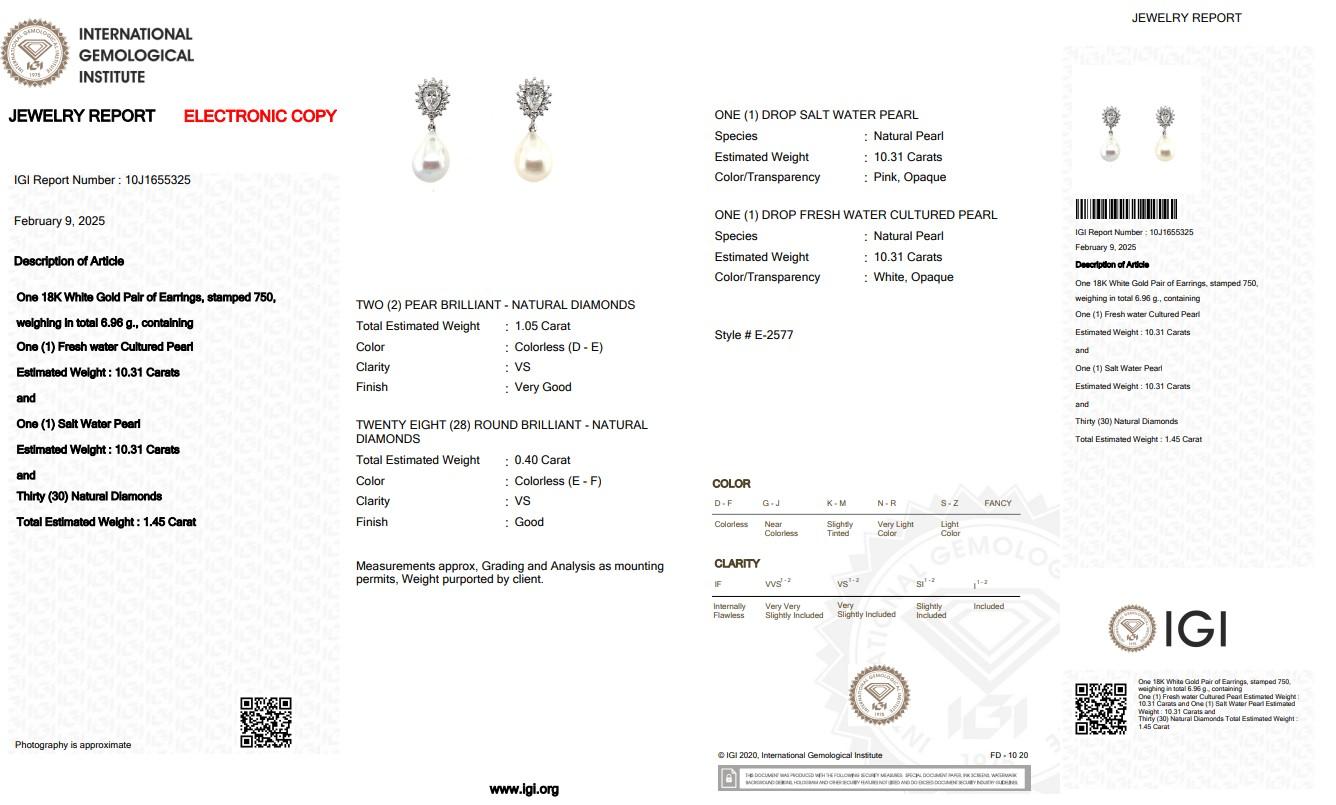 Women's Lustrous 22.07ct Diamonds and Salt, and Cultured Pearls Drop Earrings For Sale