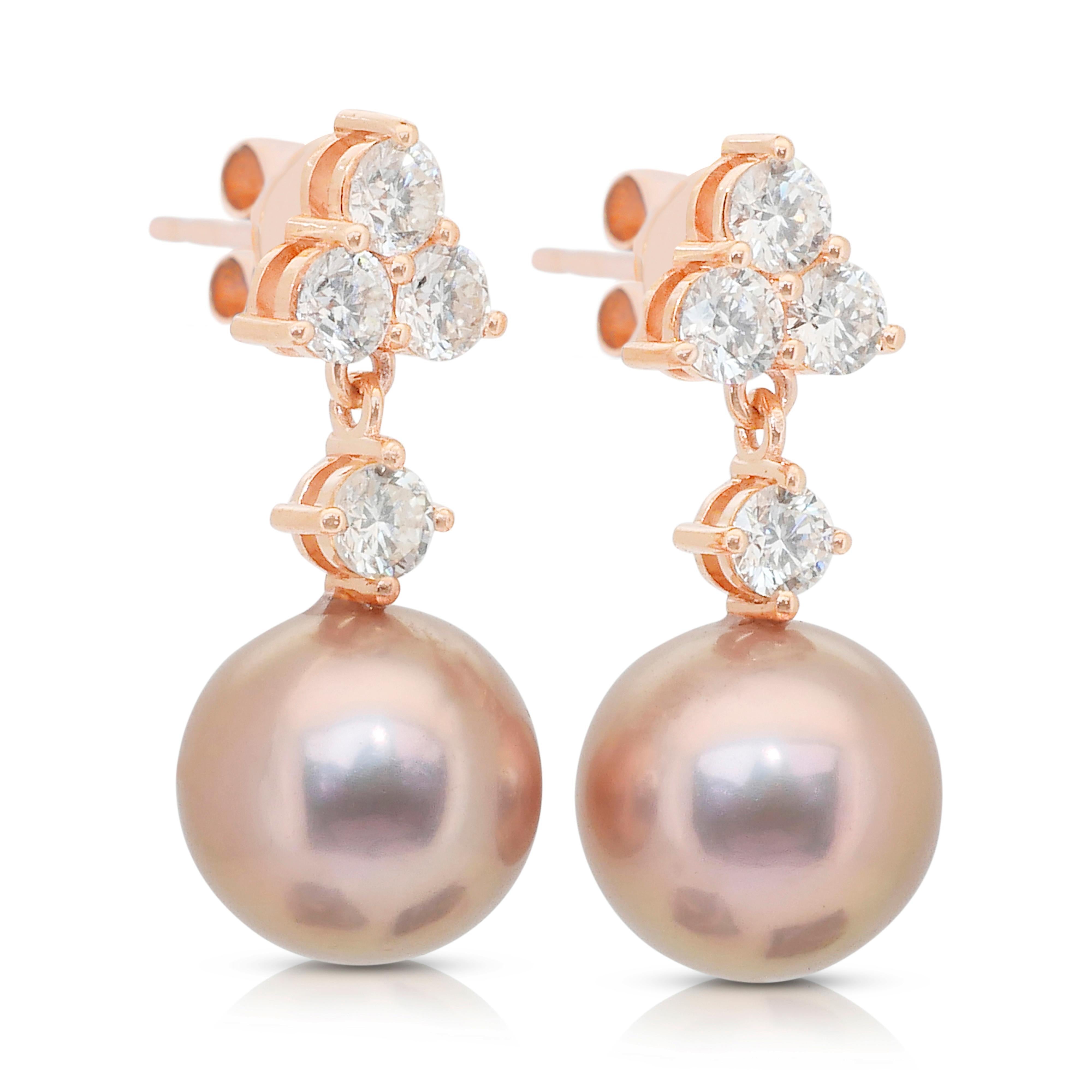Taille ronde Pendants d'oreilles en diamants et perles de culture d'eau douce de 25.36ct en vente