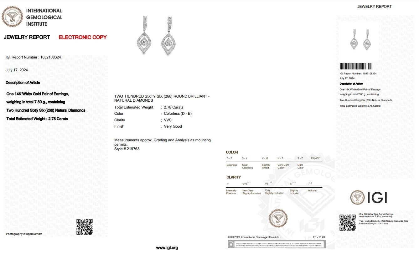 Lussuosi orecchini pendenti con 2,78 carati di diamanti in oro bianco 14k - certificati IGI in vendita 1