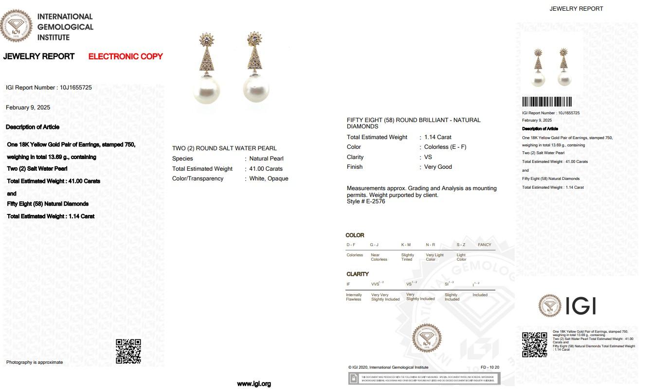 Donna Orecchini pendenti con diamanti e perle d'acqua salata da 42,14 carati in oro giallo 18 ct. in vendita