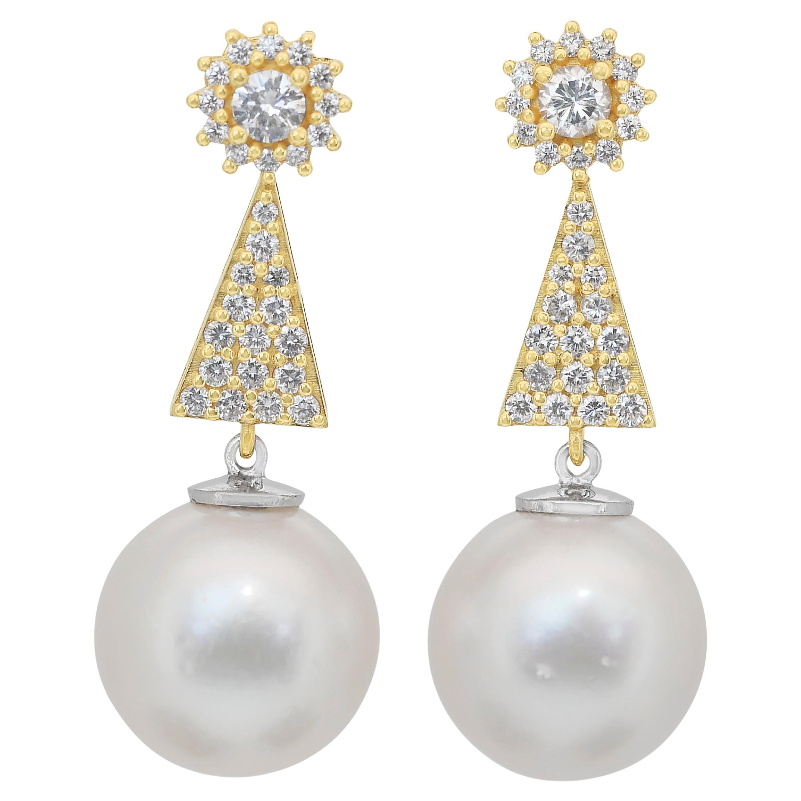 Lustrous 42.14ct Diamonds and Salt Water Pearls Drop Earrings in 18k Yellow Gold