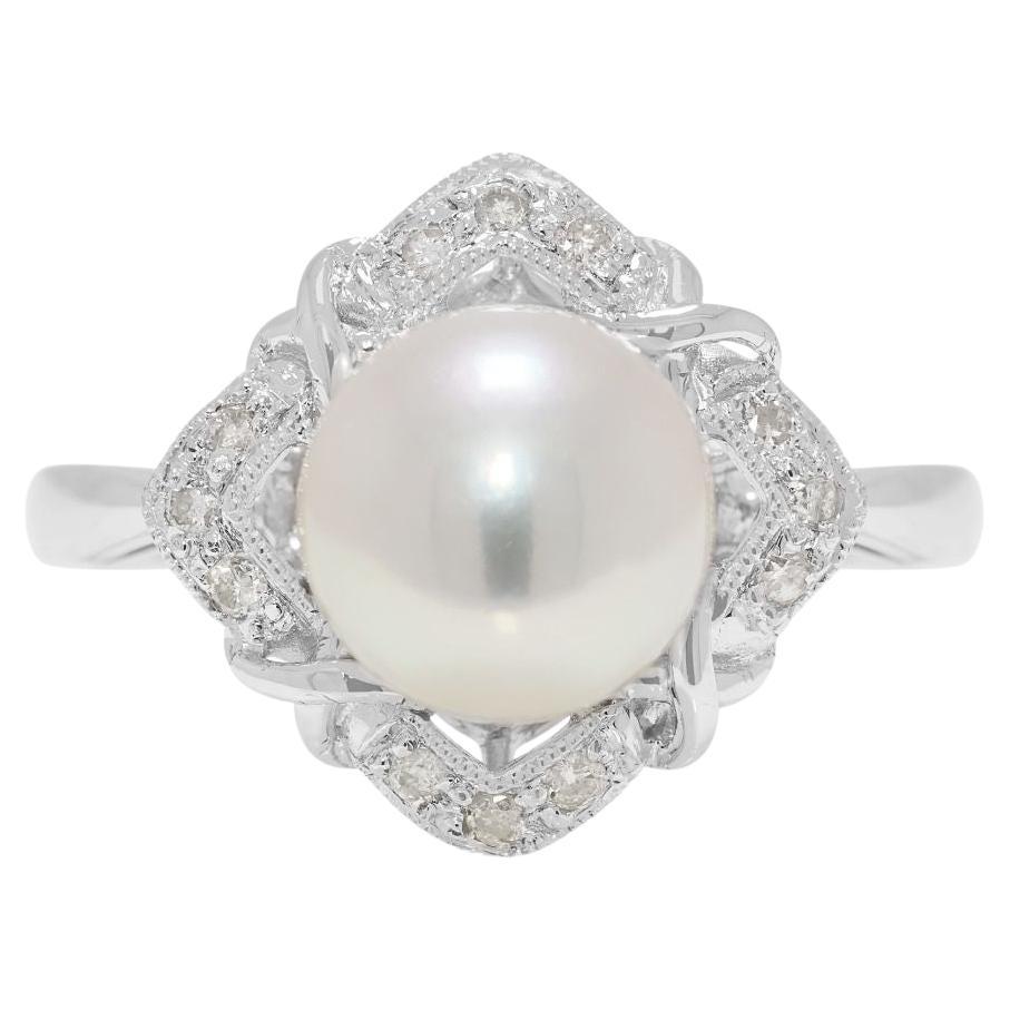 Lustrous 8.2mm Akoya Pearl & 0.12ct Natural Diamond Ring in 18K White Gold