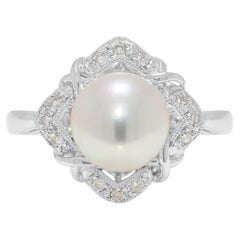 Lustrous 8.2mm Akoya Pearl & 0.12ct Natural Diamond Ring in 18K White Gold
