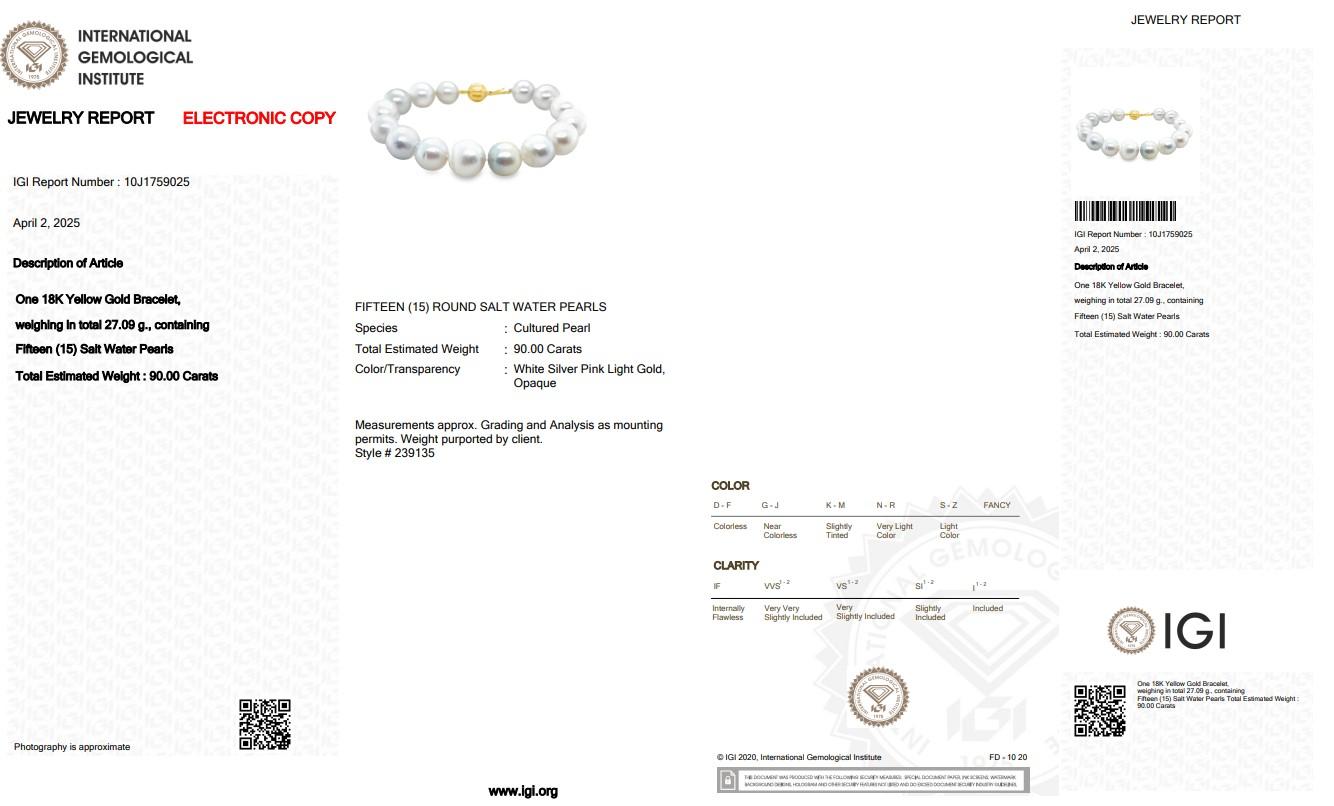 Lustrous 90.00ct Salt Water Cultured Pearls Bracelet in 18k Yellow Gold For Sale 1