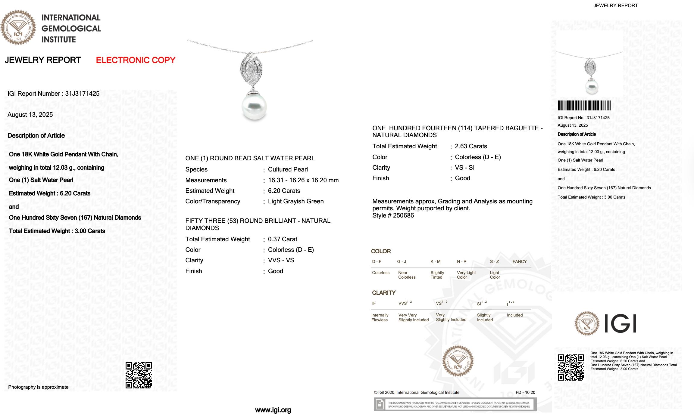 Women's Lustrous 9.20ct Salt Water Pearl and Diamonds Drop Necklace in 18k White Gold For Sale