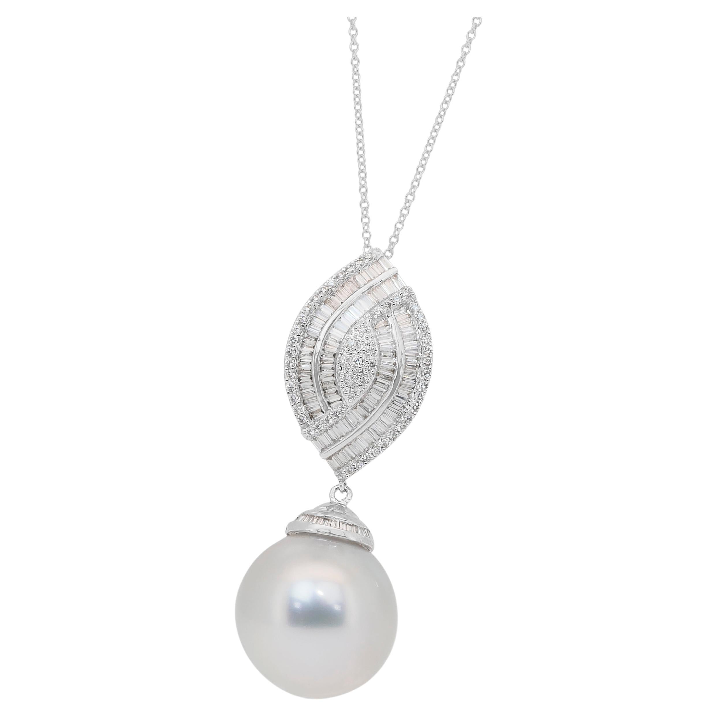 Lustrous 9.20ct Salt Water Pearl and Diamonds Drop Necklace in 18k White Gold For Sale
