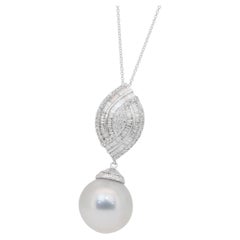 Lustrous 9.20ct Salt Water Pearl and Diamonds Drop Necklace in 18k White Gold