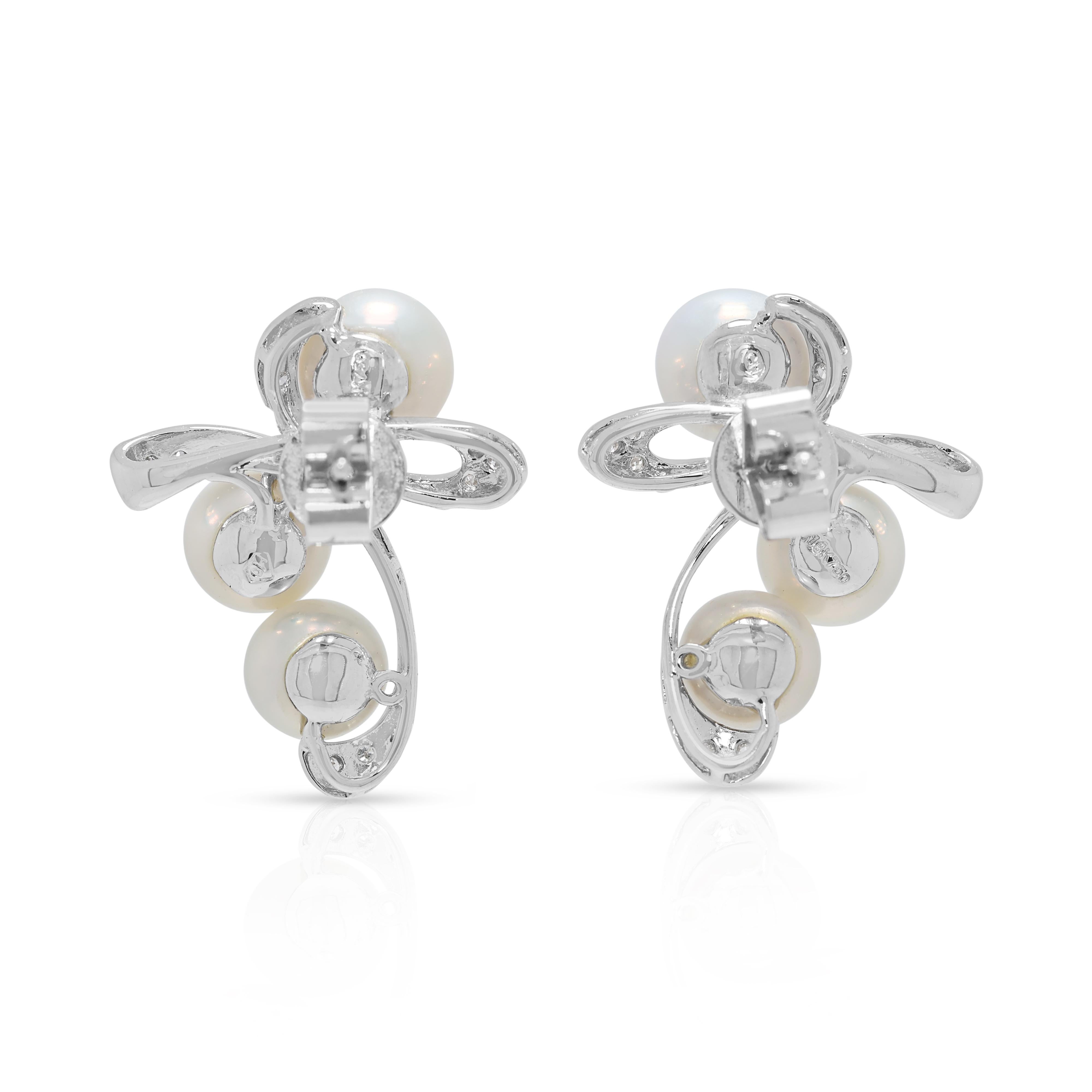 Women's Lustrous Akoya Pearl & 0.06ct Natural Diamond Earrings in 18K White Gold For Sale
