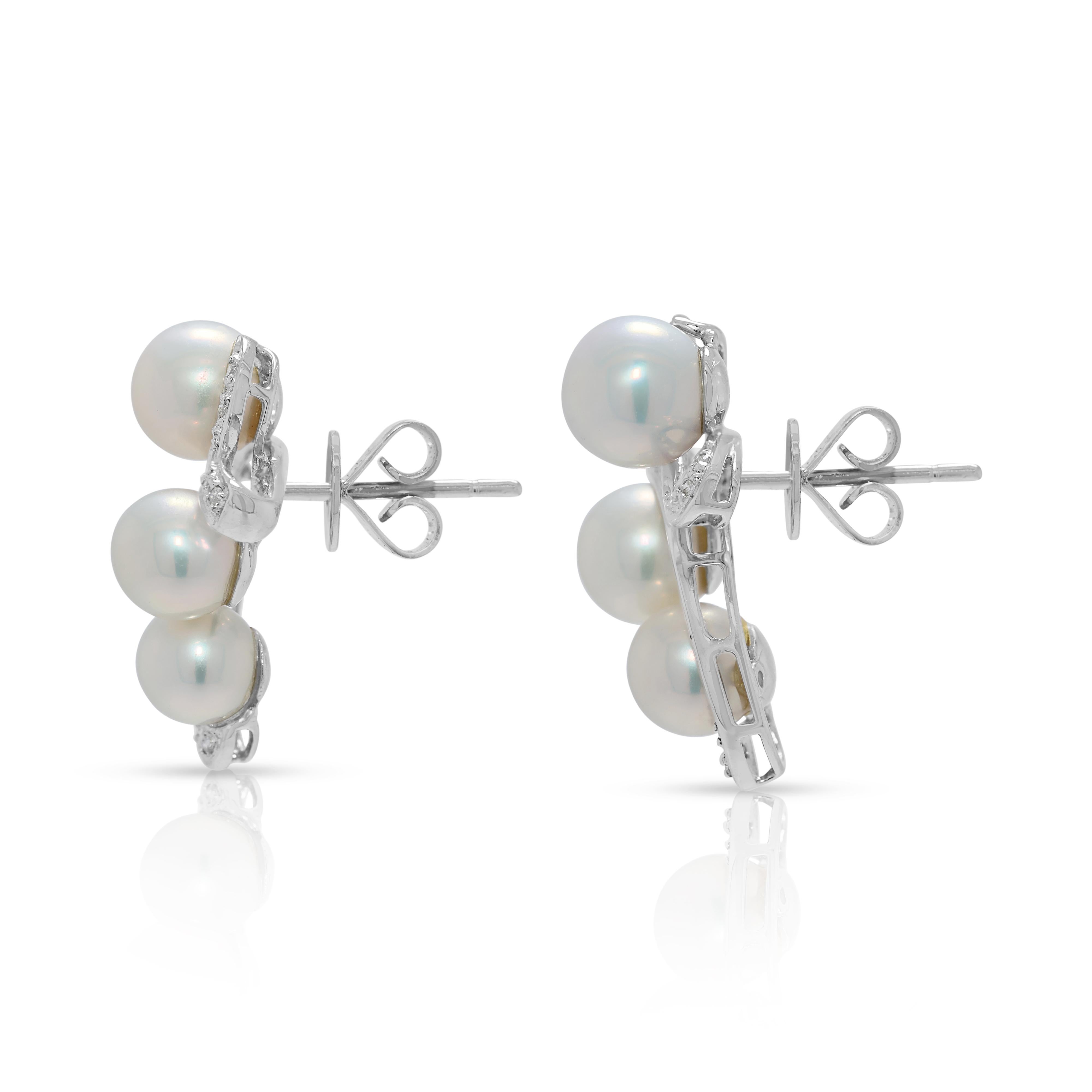 Lustrous Akoya Pearl & 0.06ct Natural Diamond Earrings in 18K White Gold For Sale 1