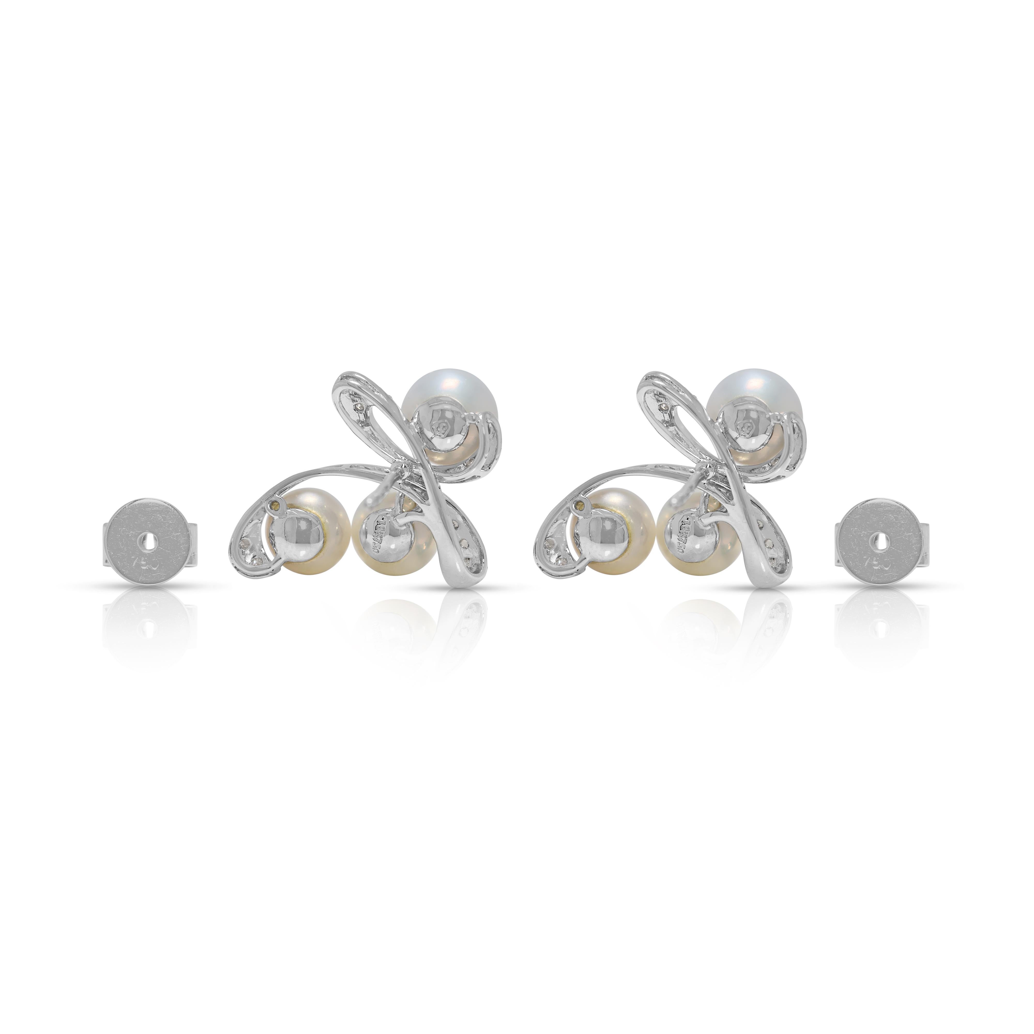 Lustrous Akoya Pearl & 0.06ct Natural Diamond Earrings in 18K White Gold For Sale 2