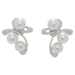 Lustrous Akoya Pearl & 0.06ct Natural Diamond Earrings in 18K White Gold