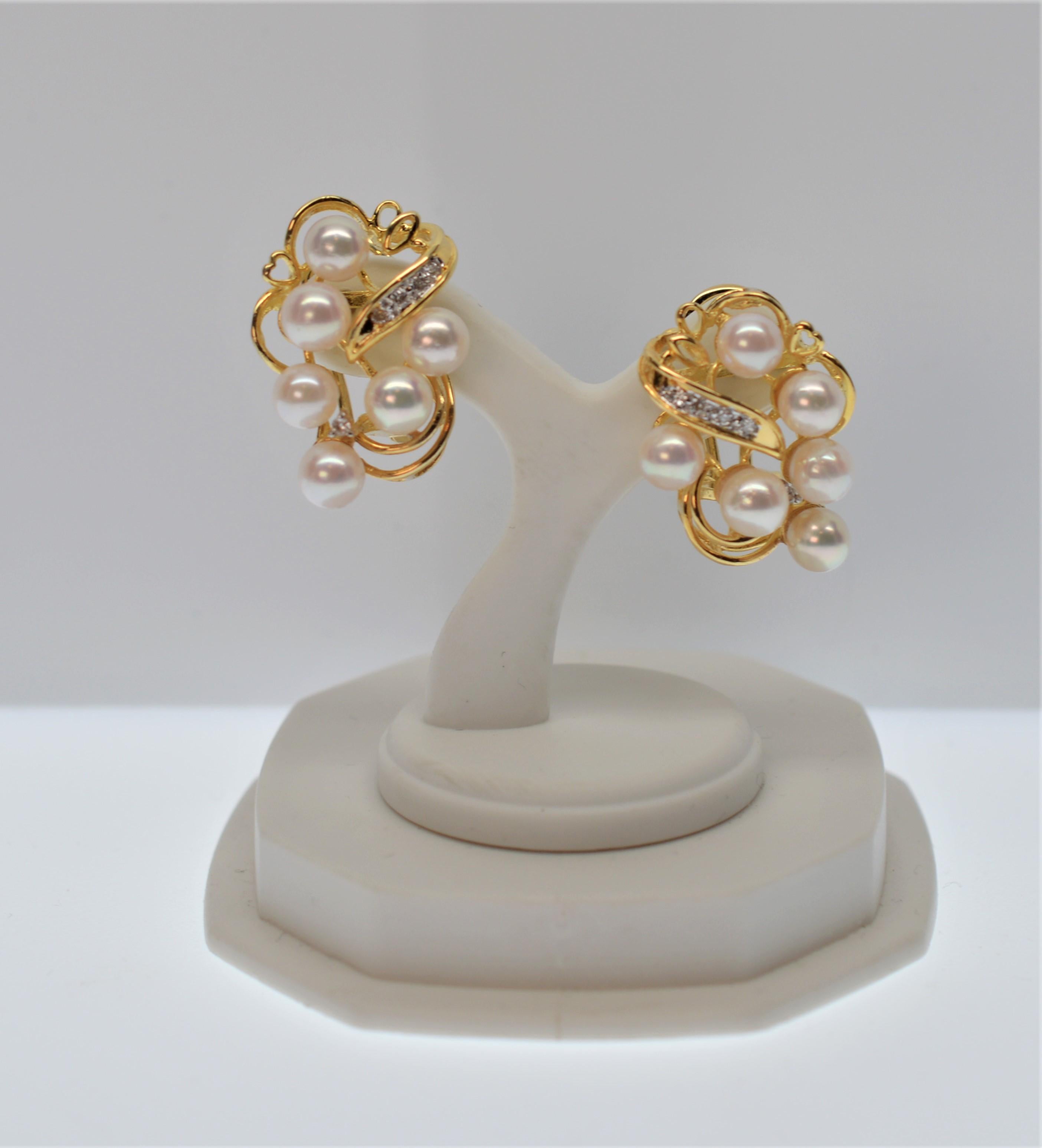 Modern Lustrous Akoya Pearl & Diamond 14K Gold Earrings