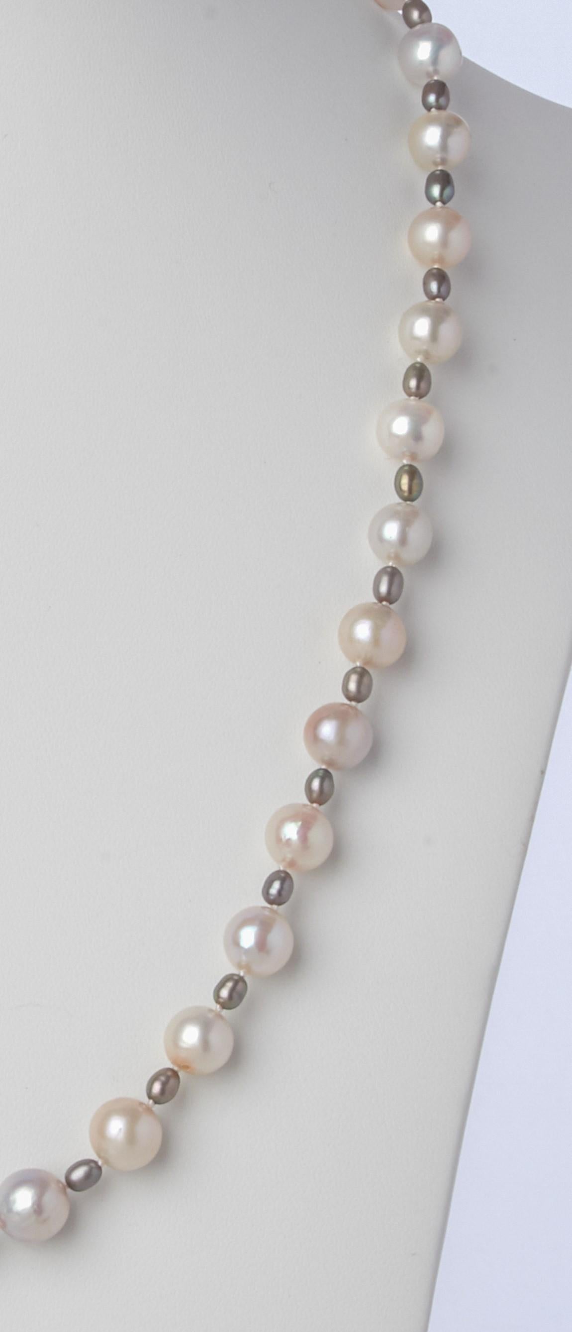 Artisan White Gray Akoya Pearl Necklace w Sterling Silver & White Sapphire Clasp  For Sale
