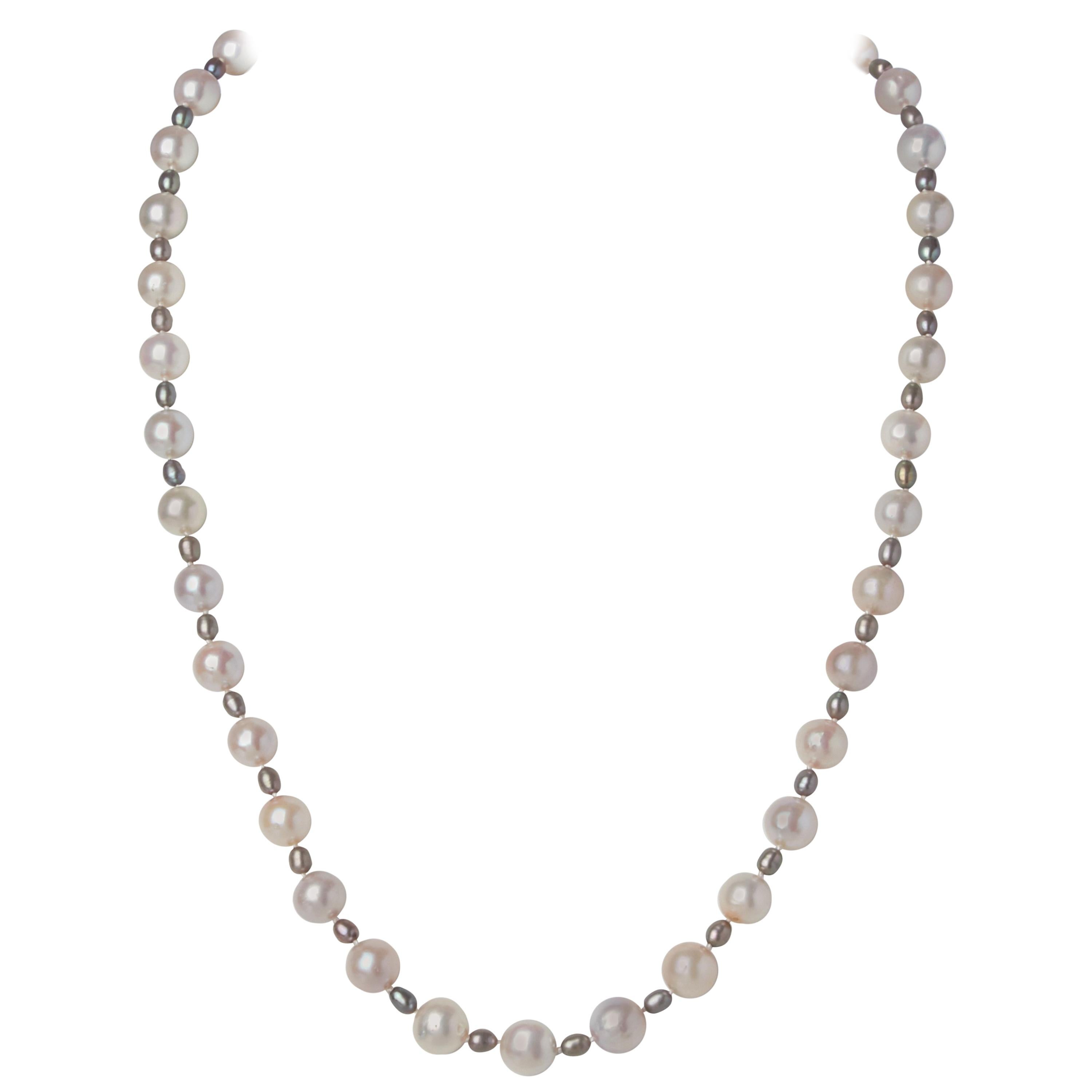 White Gray Akoya Pearl Necklace w Sterling Silver & White Sapphire Clasp  For Sale