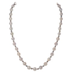 White Gray Akoya Pearl Necklace w Sterling Silver & White Sapphire Clasp 