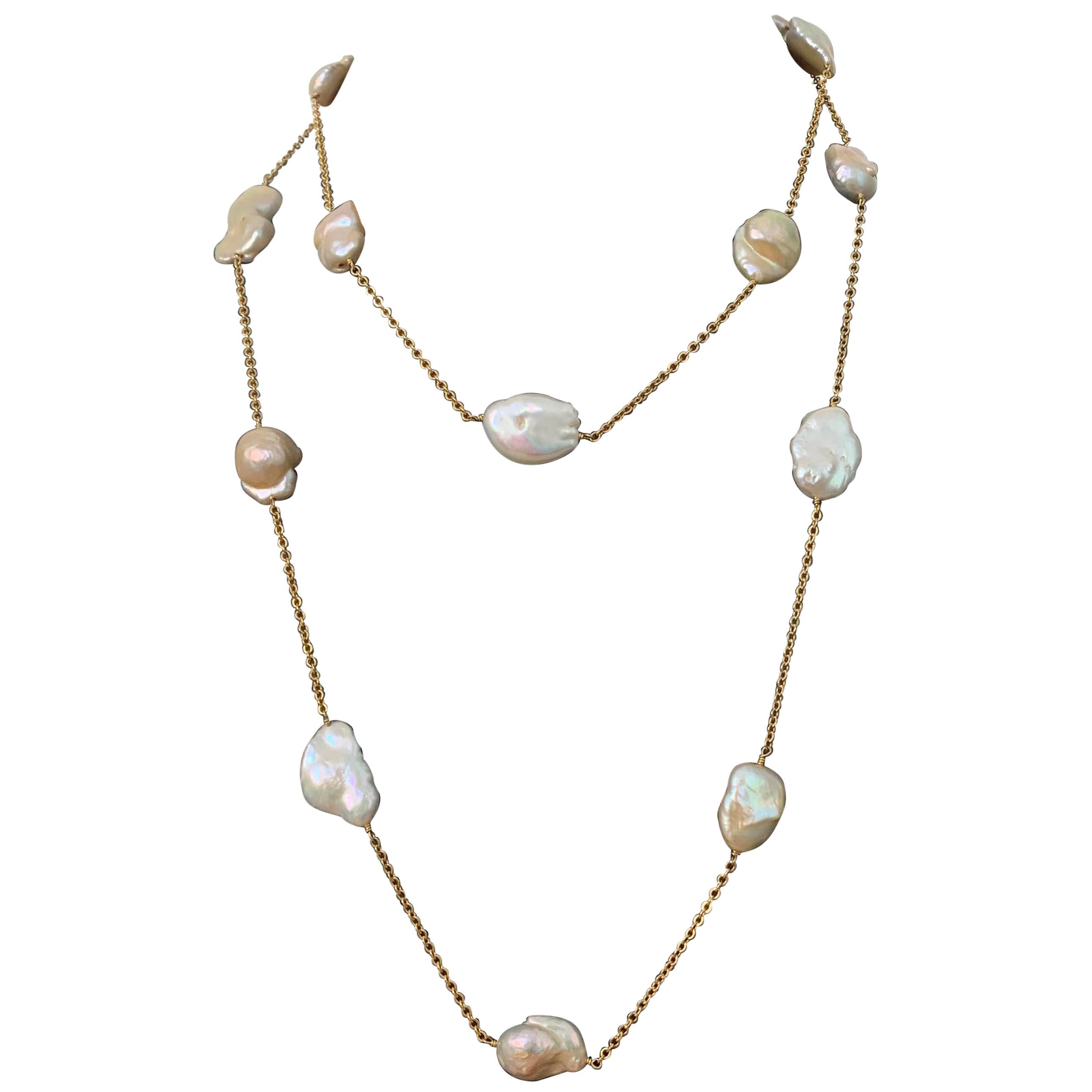 Lustrous Keishi Pearl Station Vermeil Necklace 48" For Sale
