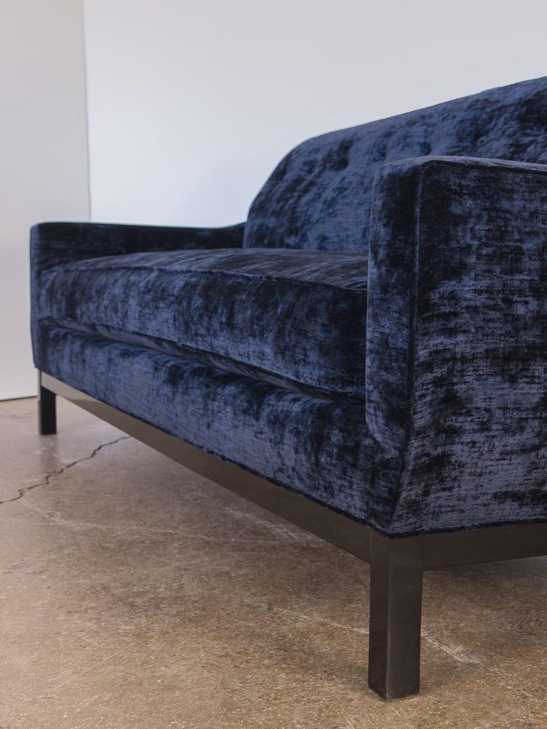 Lustrous MidCentury Modern Blue Velvet Sofa For Sale at 1stDibs